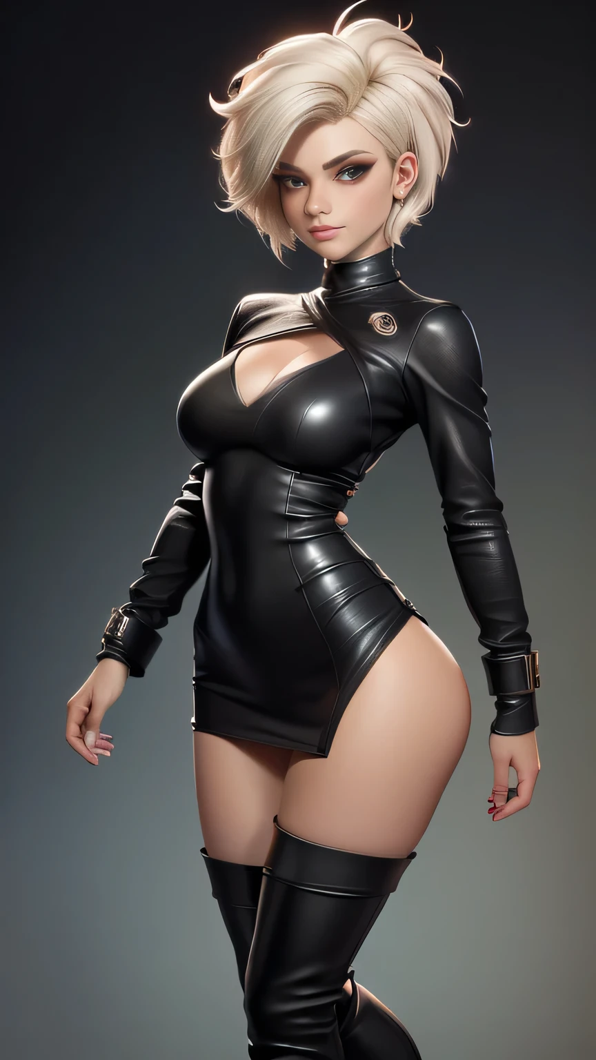 RAW digital art, ultra-realistic 3D render of a stunning woman resembling Meowko, Close-Up portrait, ((young woman)), ((highly detailed face:1.3)), ((perfect proportioned body, Strong, muscular, narrow waist, narrow hips, skinny, thin, perfect female figure, runners body, athletic:1.3)), ((seductive gaze)), ((flawless skin texture, long eyelashes, expressive eyes with subtle reflections), ((perfect breasts, large double D breasts:1.4)), ((messy yet detailed hair strands, short messy buzz cut, platinum blonde: 1.55)), soft shadows and cinematic studio lighting, Pixar-inspired style blending vibrant colors with realistic details, ((wearing a bold black leather couture dress, asymmetrical neckline, structured bodice, thigh-high boots, statement cuff bracelet: 1.35)), futuristic film premiere with neon lights and photographers in the background, One leg bent slightly at the knee, fingertips grazing her thigh, serene expression, background softly blurred with warm tones, (8K resolution, intricate textures, sharp focus)