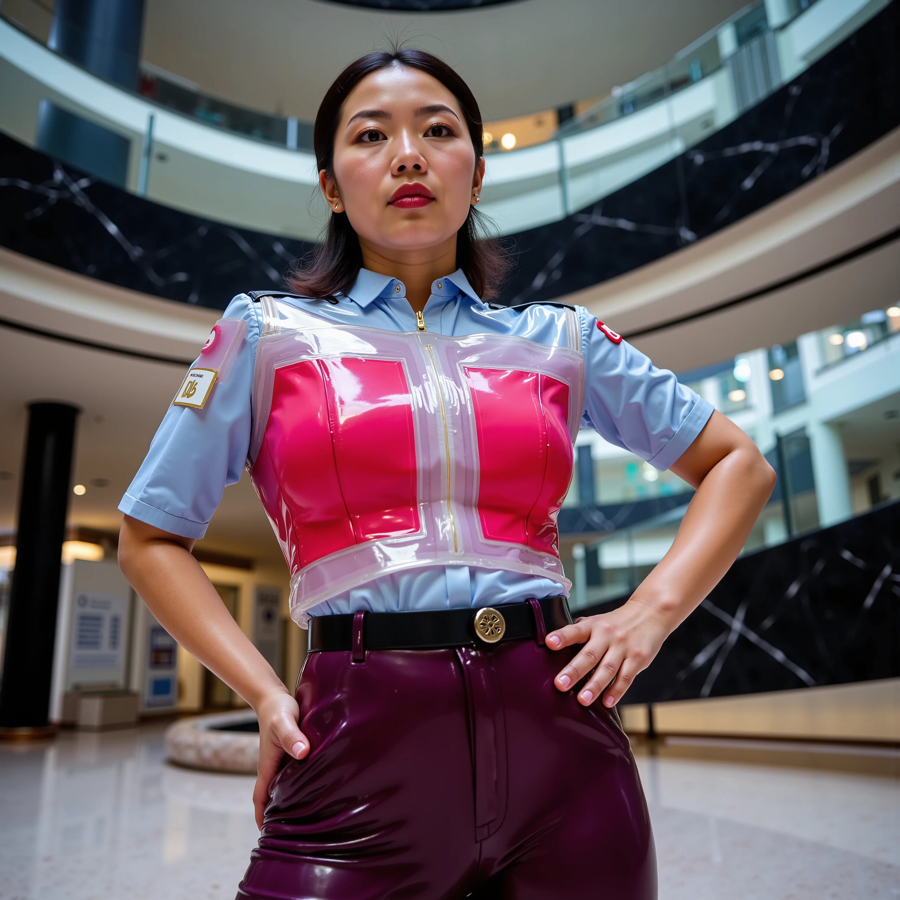 a wide angle image of a 34 year old asian woman with glowing white skin, a few small freckles and dark spots on facial skin, imperfect beauty, inside of a futuristic hotel skyscraper lobby, open atrium with multiple floors, black onyx and marble, glowing pink quartz flooring, the woman wears a bright red and pink asianpv with shining white vinyl stripes across her chest, 70% opacity vinyl surrounds her shoulders showing her uniform shirt beneath it, the woman wears a light blue latex uniform shirt, the woman wears dark shining polished bergundy latex pants, the woman wears shiny black boots