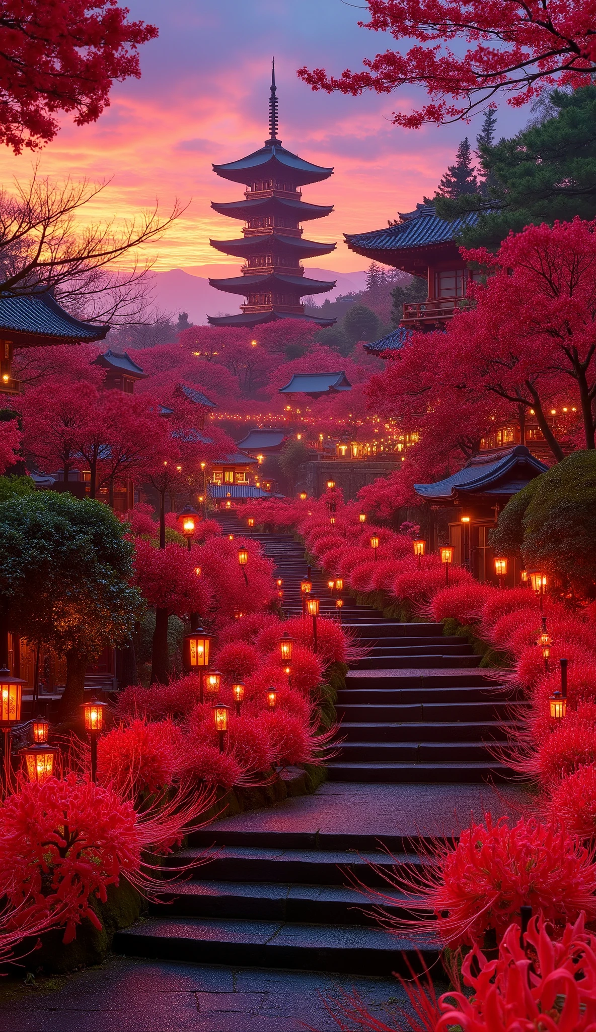 (古いwhen climbing the mossy stone steps朱色の日本の五重塔が現れる:1.5),(Japanese-style temples and stone lanterns:1.5),(when climbing the mossy stone steps, 、A majestic five-story pagoda appears:1.5), (A beautiful world dyed in the sunset:1.5),A mysterious world),fantastic atmosphere,A fox fire is lit in front of the shrine,(The stone lanterns are all lit:1.5),(The bright red flower stone lantern:1.5),(Full bloom in full bloom:1.5),(A beautiful world dyed in the sunset:1.5),(The bright red flower stone lantern:1.5),(Red spider lilies secretly blooming around Njushage:1.5),  lots of red bunnies blooming secretly around the stone lanterns  ,A lot of mandarin shagges blooming secretly around the stone lanterns,countless spider lilies are blooming,(people:1.5),(As I climbed the mossy stone steps, :1.5),