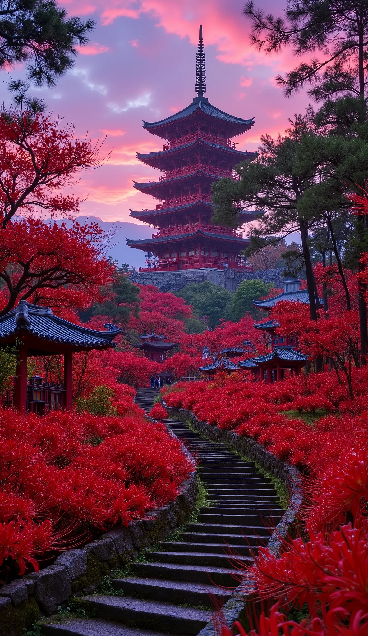 (古いwhen climbing the mossy stone steps朱色の日本の五重塔が現れる:1.5),(Japanese-style temples and stone lanterns:1.5),(when climbing the mossy stone steps, 、A majestic five-story pagoda appears:1.5), (A beautiful world dyed in the sunset:1.5),A mysterious world),fantastic atmosphere,A fox fire is lit in front of the shrine,(The stone lanterns are all lit:1.5),(The bright red flower stone lantern:1.5),(Full bloom in full bloom:1.5),(A beautiful world dyed in the sunset:1.5),(The bright red flower stone lantern:1.5),(Red spider lilies secretly blooming around Njushage:1.5),  lots of red bunnies blooming secretly around the stone lanterns  ,A lot of mandarin shagges blooming secretly around the stone lanterns,countless spider lilies are blooming,(people:1.5),(As I climbed the mossy stone steps, :1.5),