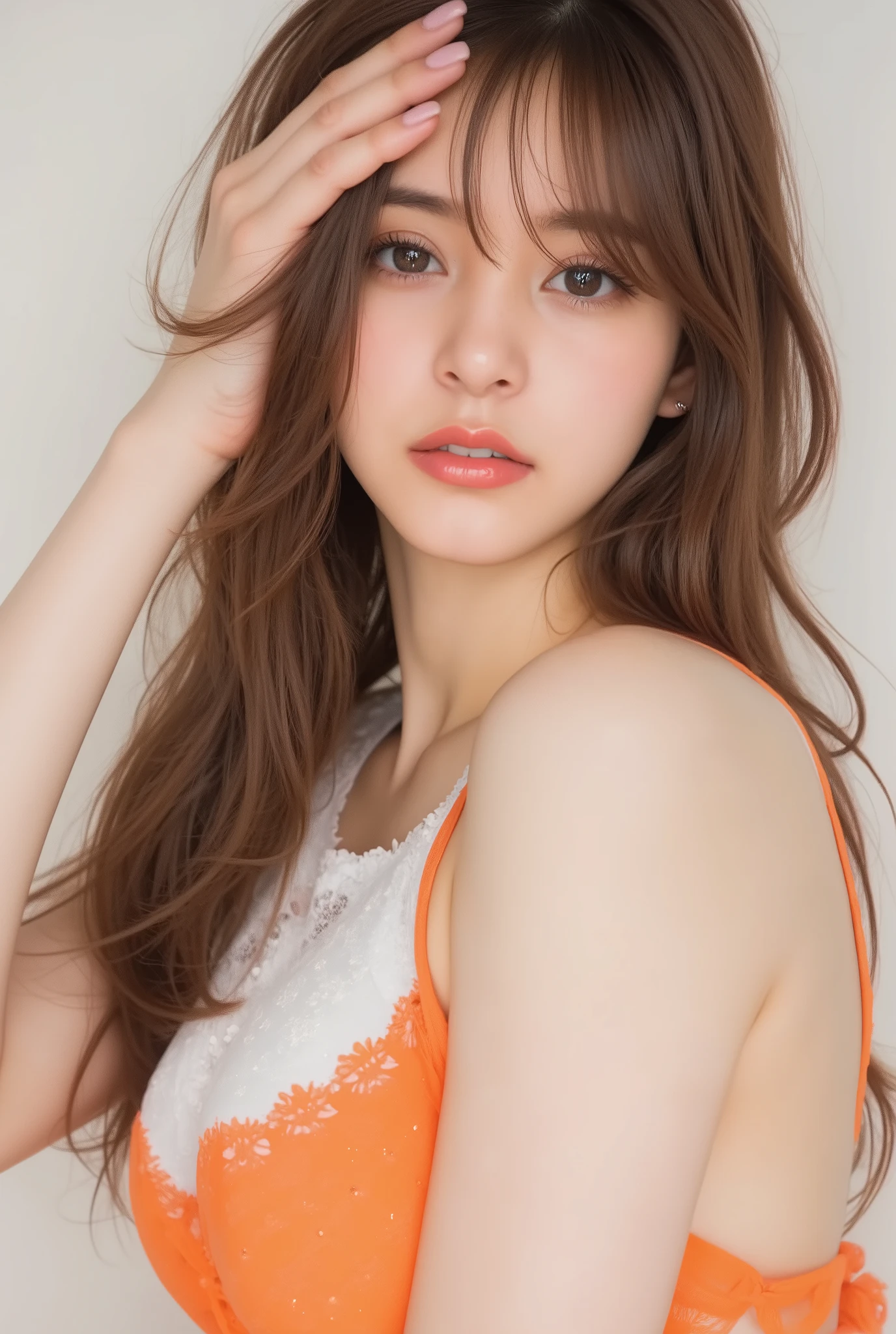 ( orange underwear)Outfit(Sydney Sweeney), ((big boobs, big boobs,   overhanging chest  , Well Defined Breasts    , Deep chest、))、((( orange bra visible from under clothes))、(((Empty-handed)))、(    dark hair)、(  tousled bangs)、( Blonde)、(  wet hair)、(( He's Sweating))、( clean skin )、((serious))、((  Vague Feeling))、(((Karate Dojo)))、((Graceful Paintings       ))，( masterpiece　 EXQUISITE RAW PHOTO  :1.25), ( Highest Quality:1.6), (  Ultra High Definition :1.5), (      author：    Mr..... nomi:1.75),  8K resolution for kindergarteners ,   Canon EOS R5  , 50mm, Abs urd,  very detailed,Movie Screenplay   