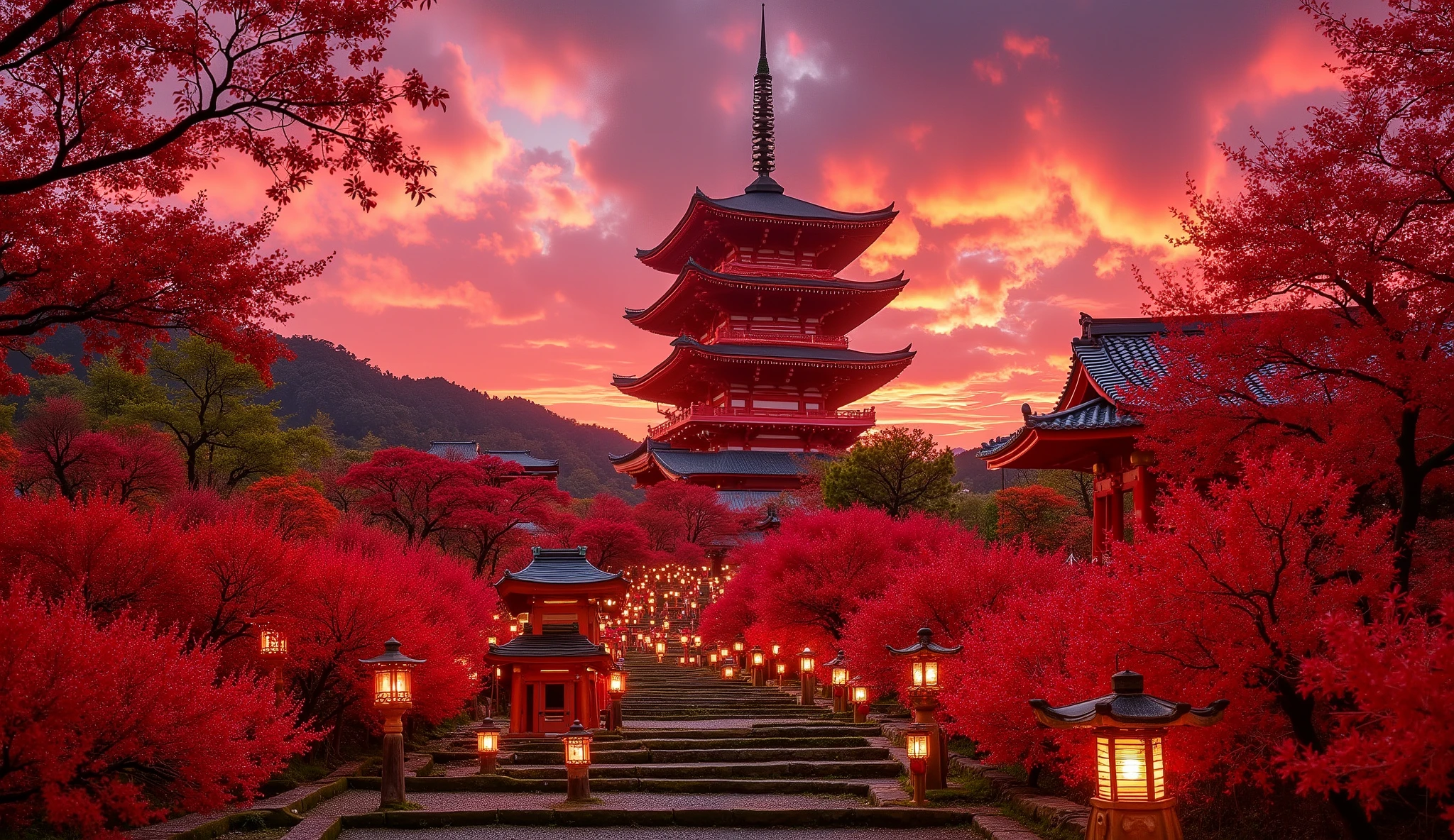 (古いwhen climbing the mossy stone steps, 、A vermilion Japanese five-story pagoda appears:1.5),(Japanese-style temples and stone lanterns:1.5),(when climbing the mossy stone steps, 、A majestic five-story pagoda appears:1.5), (A beautiful world dyed in the sunset:1.5),A mysterious world),fantastic atmosphere,A fox fire is lit in front of the shrine,(The stone lanterns are all lit:1.5),(The bright red flower stone lantern:1.5),(Full bloom in full bloom:1.5),(A beautiful world dyed in the sunset:1.5),(The bright red flower stone lantern:1.5),(A bright red manjushage secretly blooming around the stone lantern:1.5),  lots of red bunnies blooming secretly around the stone lanterns  ,Lots of spider lilies blooming secretly around the stone lanterns,countless spider lilies are blooming,(people:1.5),(As I climbed the mossy stone steps, :1.5),