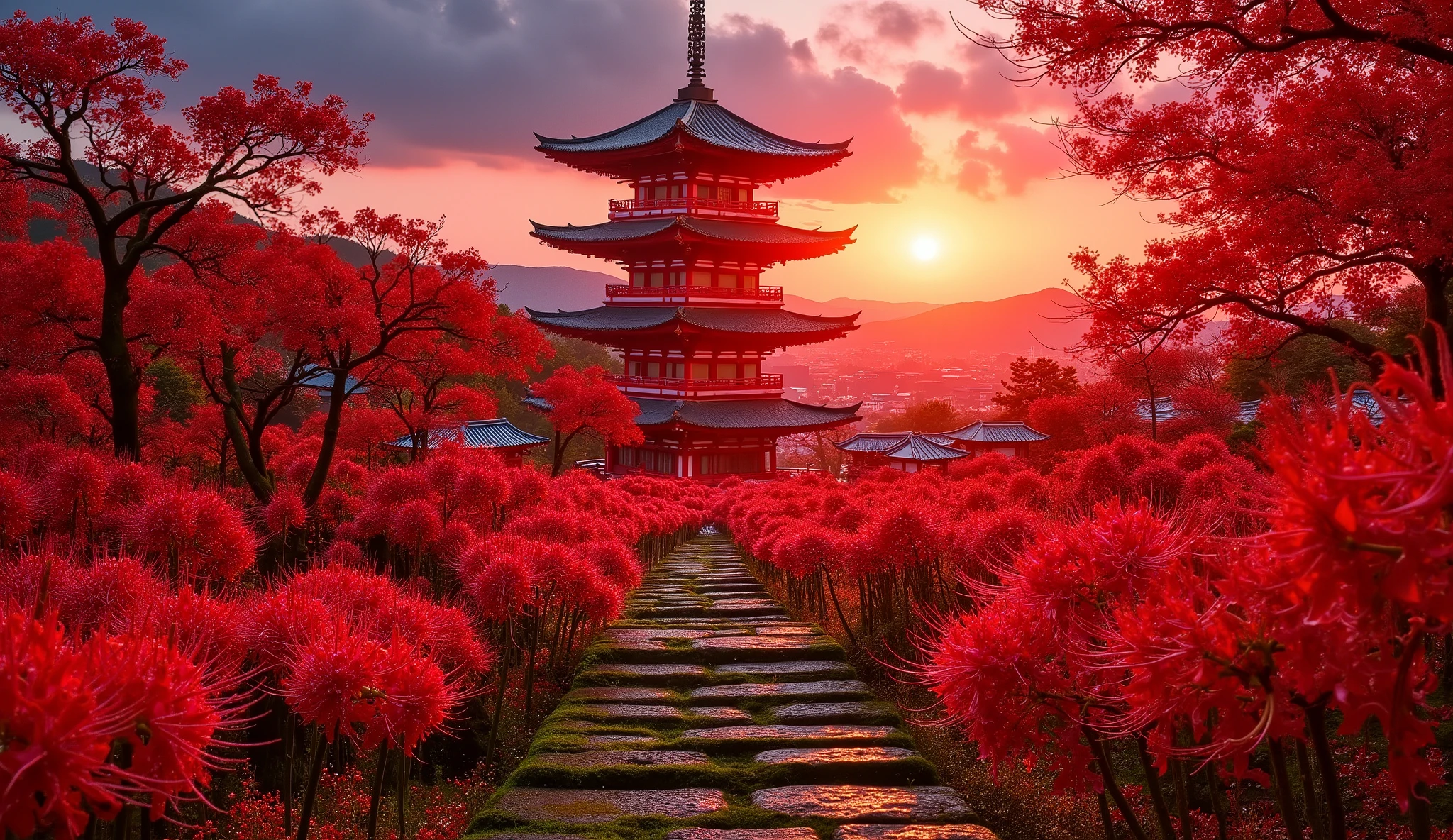 (古いwhen climbing the mossy stone steps, 、A vermilion Japanese five-story pagoda appears:1.5),(Japanese-style temples and stone lanterns:1.5),(when climbing the mossy stone steps, 、A majestic five-story pagoda appears:1.5), (A beautiful world dyed in the sunset:1.5),A mysterious world),fantastic atmosphere,A fox fire is lit in front of the shrine,(The stone lanterns are all lit:1.5),(The bright red flower stone lantern:1.5),(Full bloom in full bloom:1.5),(A beautiful world dyed in the sunset:1.5),(The bright red flower stone lantern:1.5),(A bright red manjushage secretly blooming around the stone lantern:1.5),  lots of red bunnies blooming secretly around the stone lanterns  ,Lots of spider lilies blooming secretly around the stone lanterns,countless spider lilies are blooming,(people:1.5),(As I climbed the mossy stone steps, :1.5),