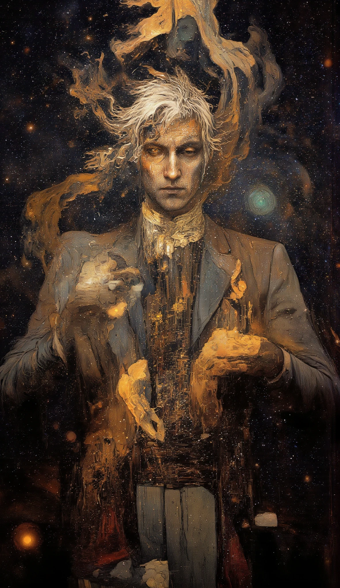 The Inspired by the world of Michael Whelan, Keith Parkinson, the Gothic fantasy of Gerald Brom, and Dave Mckean. And Italo Calvino's invisible Cities. He is handsome, animated, mercurial, witty and a mad genius with the manners of an aristocrat. Age varying from 25 to 40 depending. A being of majesty and presence. Right now we see a brooding, aquiline faced white haired Demiurge with dark silver skin like polished labradorite, a dark silver with flashes of blue, green, yellow, and other colors manifest from inside this radiant being of focused, living, energy. Sorceror-king of an Infinite Empire, he is adorned in many different types of clothes depending on his moods and his fancy, but style matters. He wears darkly elegant suits with vivid ties and old style robes and fedoras and Renaissance coats, he wears stylish wonders and ancient kaftans and uniforms from 17,the century Austria. Hair is usually wild and short but somehow styled. Body is muscled, slender and wiry. He is attractive to everyone so he is Beautiful and seraphic like an Archangel, even when it's Lucifer. The Magister stands amidst a nexus of swirling galaxies. His eyes, twin supernovas, gaze knowingly upon the vast expanse of creation. With a gesture, orchestrates the celestial ballet, weaving nebulae into tapestries of cosmic wonder, all under his command. Inspired by the cosmic artistry of Android Jones, the futuristic visions of Ash Thorp, and the ethereal landscapes of Simon Stalenhag, rendered in 8k resolution with holographic astral cosmic illustration techniques, and a touch of Pablo Amaringo's visionary style; ultra-high resolution; a perfect balance of light and shadow; incredibly detailed rendering; cinematic quality; evocative atmosphere; grand, magnificent, and hyper-realistic.
