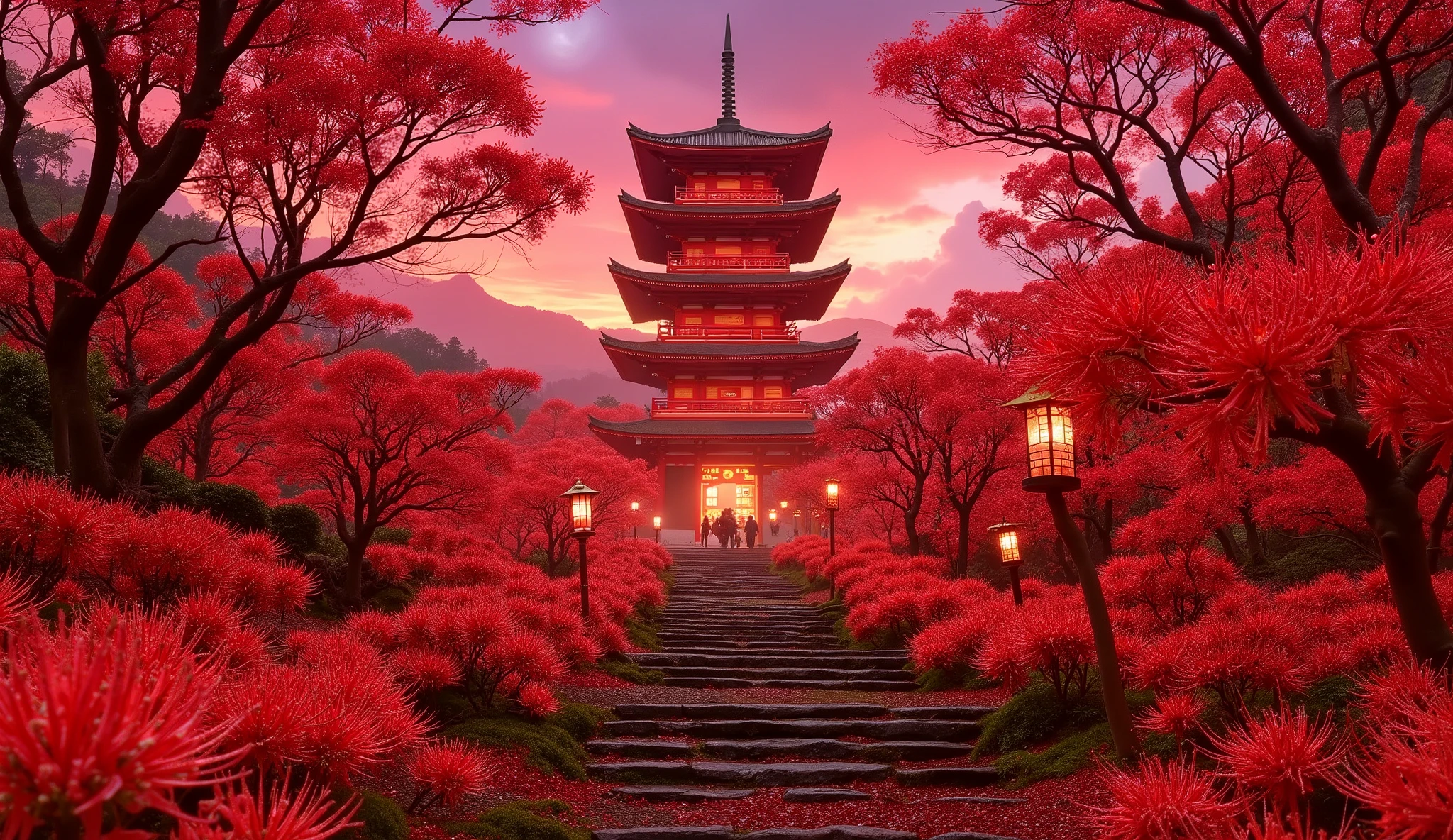 (古いwhen climbing the mossy stone steps, 、A vermilion Japanese five-story pagoda appears:1.5),(Japanese-style temples and stone lanterns:1.5),(when climbing the mossy stone steps, 、A majestic five-story pagoda appears:1.5), (A beautiful world dyed in the sunset:1.5),A mysterious world),fantastic atmosphere,A fox fire is lit in front of the shrine,(The stone lanterns are all lit:1.5),(The bright red flower stone lantern:1.5),(Full bloom in full bloom:1.5),(A beautiful world dyed in the sunset:1.5),(The bright red flower stone lantern:1.5),(A bright red manjushage secretly blooming around the stone lantern:1.5),  lots of red bunnies blooming secretly around the stone lanterns  ,Lots of spider lilies blooming secretly around the stone lanterns,countless spider lilies are blooming,(people:1.5),(As I climbed the mossy stone steps, :1.5),