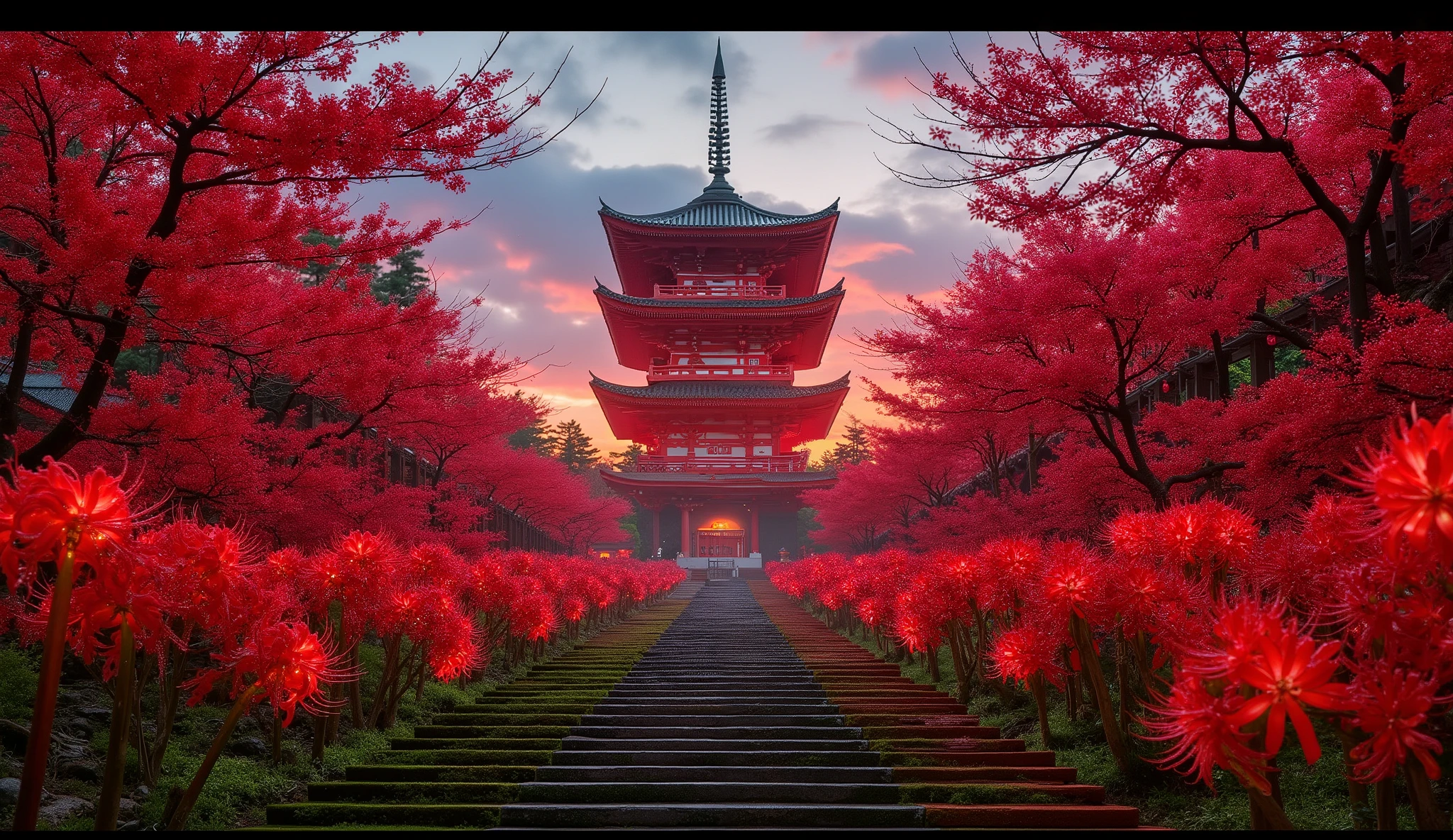 (古いwhen climbing the mossy stone steps, 、A vermilion Japanese five-story pagoda appears:1.5),(Japanese-style temples and stone lanterns:1.5),(when climbing the mossy stone steps, 、A majestic five-story pagoda appears:1.5), (A beautiful world dyed in the sunset:1.5),A mysterious world),fantastic atmosphere,A fox fire is lit in front of the shrine,(The stone lanterns are all lit:1.5),(The bright red flower stone lantern:1.5),(Full bloom in full bloom:1.5),(A beautiful world dyed in the sunset:1.5),(The bright red flower stone lantern:1.5),(A bright red manjushage secretly blooming around the stone lantern:1.5),  lots of red bunnies blooming secretly around the stone lanterns  ,Lots of spider lilies blooming secretly around the stone lanterns,countless spider lilies are blooming,(people:1.5),(As I climbed the mossy stone steps, :1.5),