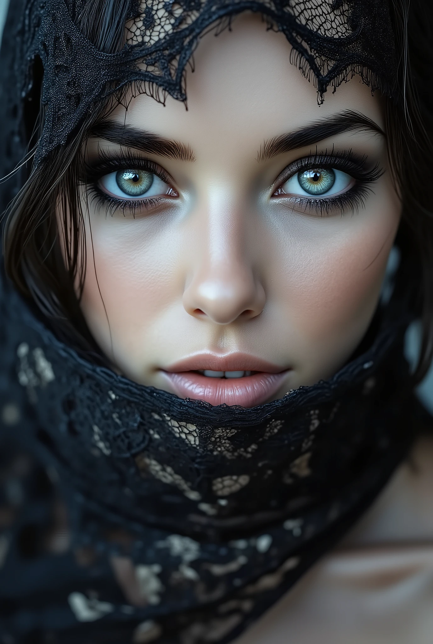 model westernrealism, a gorgeous woman, dark hair, piercing light gray eyes, wearing a black lace veil over her face, A cinematic close-up, striking makeup, the lighting is dramatic and high-contrast, revealing glistening details of water droplets.,
