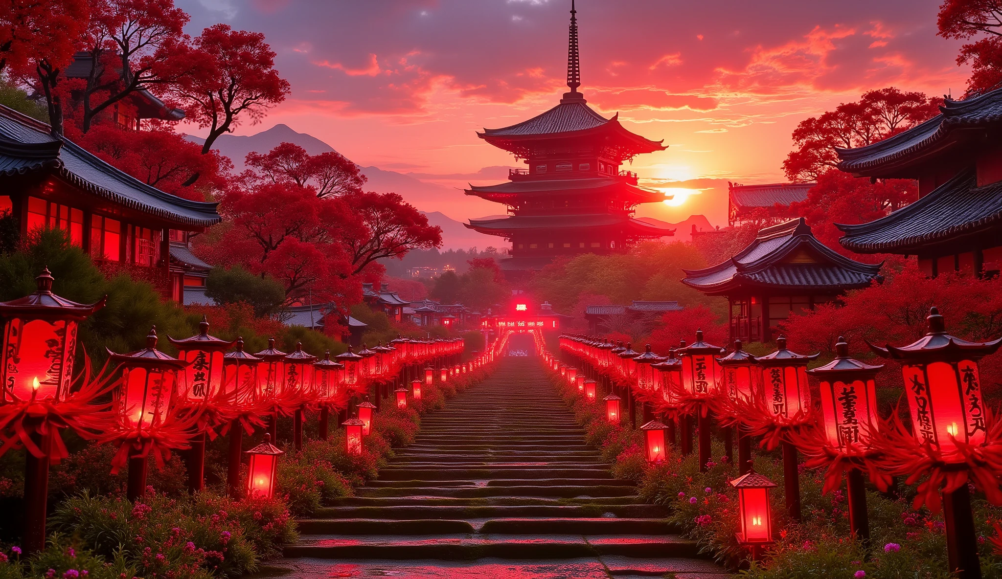 (古いwhen climbing the mossy stone steps, 、A vermilion Japanese five-story pagoda appears:1.5),(Japanese-style temples and stone lanterns:1.5),(when climbing the mossy stone steps, 、A majestic five-story pagoda appears:1.5), (A beautiful world dyed in the sunset:1.5),A mysterious world),fantastic atmosphere,A fox fire is lit in front of the shrine,(The stone lanterns are all lit:1.5),(The bright red flower stone lantern:1.5),(Full bloom in full bloom:1.5),(A beautiful world dyed in the sunset:1.5),(The bright red flower stone lantern:1.5),(A bright red manjushage secretly blooming around the stone lantern:1.5),  lots of red bunnies blooming secretly around the stone lanterns  ,Lots of spider lilies blooming secretly around the stone lanterns,countless spider lilies are blooming,(people:1.5),(As I climbed the mossy stone steps, :1.5),