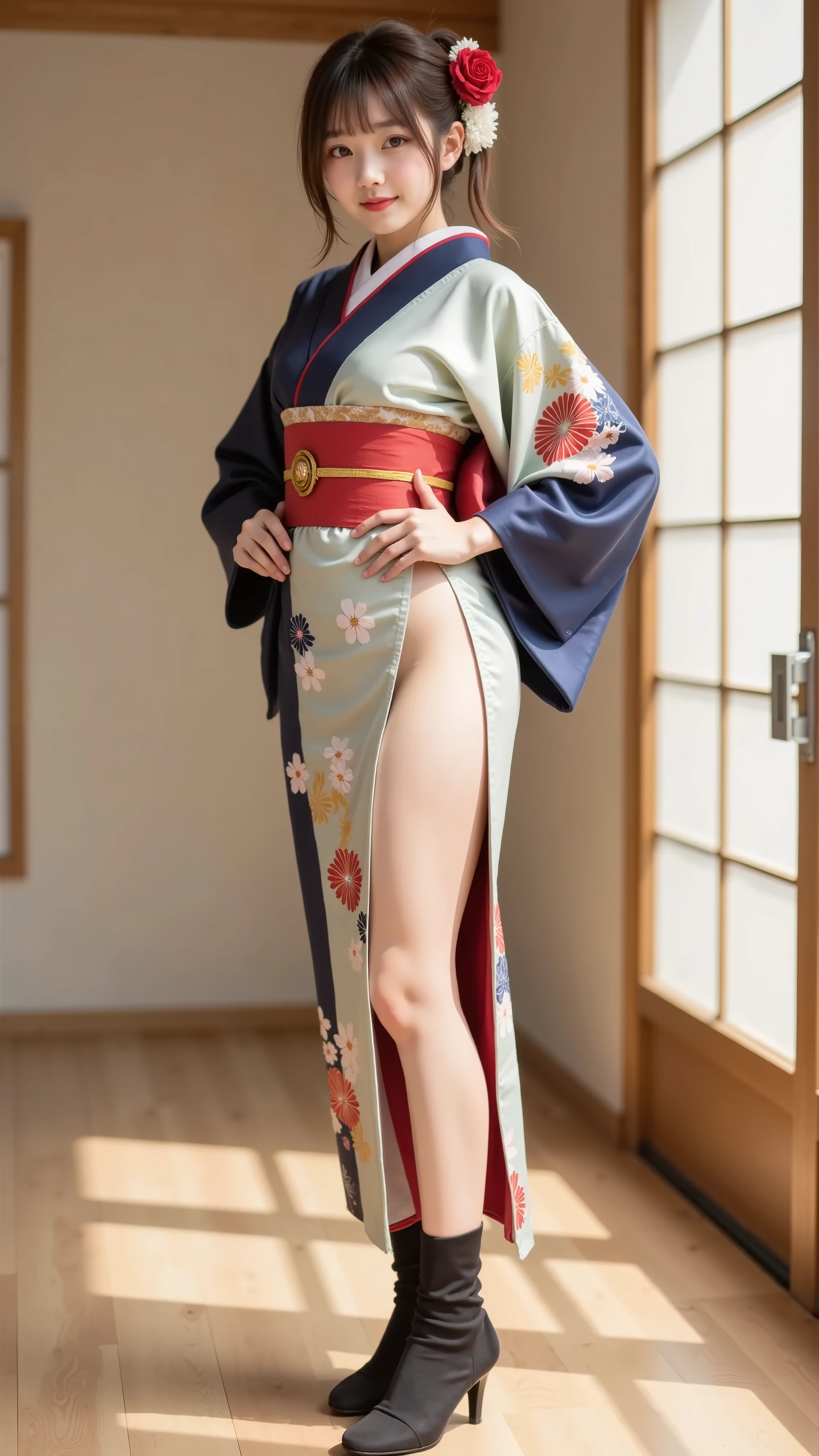 (cute girl dressed in a Kimono standing in a room, elegant Japanese woman, Babyface:1.3), japanese Kimono, in Kimono, Attractive and sexy geisha , teenager, classic Kimono, traditional geisha clothes , intricate geisha Kimono, Arimura Kasumi style 3/4, Japanese clothes, Elegant yukata, wearing Kimono, pale and coloured Kimono, in a Kimono, Kimono, Highest Quality, Highest Image Quality, masterpiece, super real:1.3, Ultra High Definition, (beautiful legs visible through slits:1.2), (Slender Body Line), (waist tightened with a belt:1.2), (Beautiful Breasts, accentuated underbust), (A beautifully shaped crotch that can be seen through a slit:1.3)