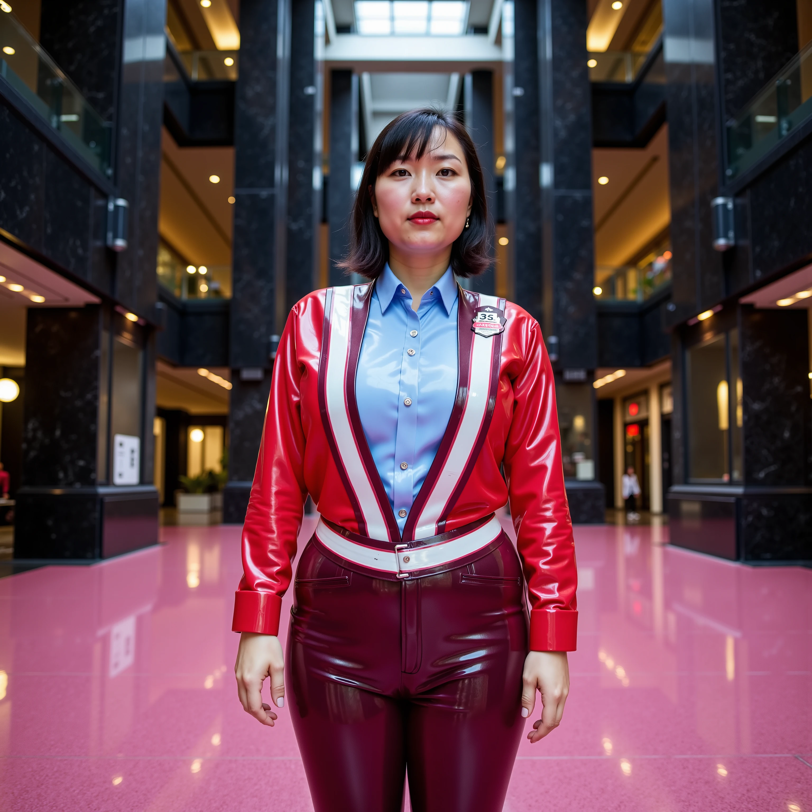 a wide angle image of a 34 year old asian woman with glowing white skin, a few small freckles and dark spots on facial skin, imperfect beauty, inside of a futuristic hotel skyscraper lobby, open atrium with multiple floors, black onyx and marble, glowing pink quartz flooring, the woman wears a bright red and pink asianpv with shining white vinyl stripes across her chest, 70% opacity vinyl surrounds her shoulders showing her uniform shirt beneath it, the woman wears a light blue latex uniform shirt, the woman wears dark shining polished bergundy latex pants, the woman wears shiny black boots