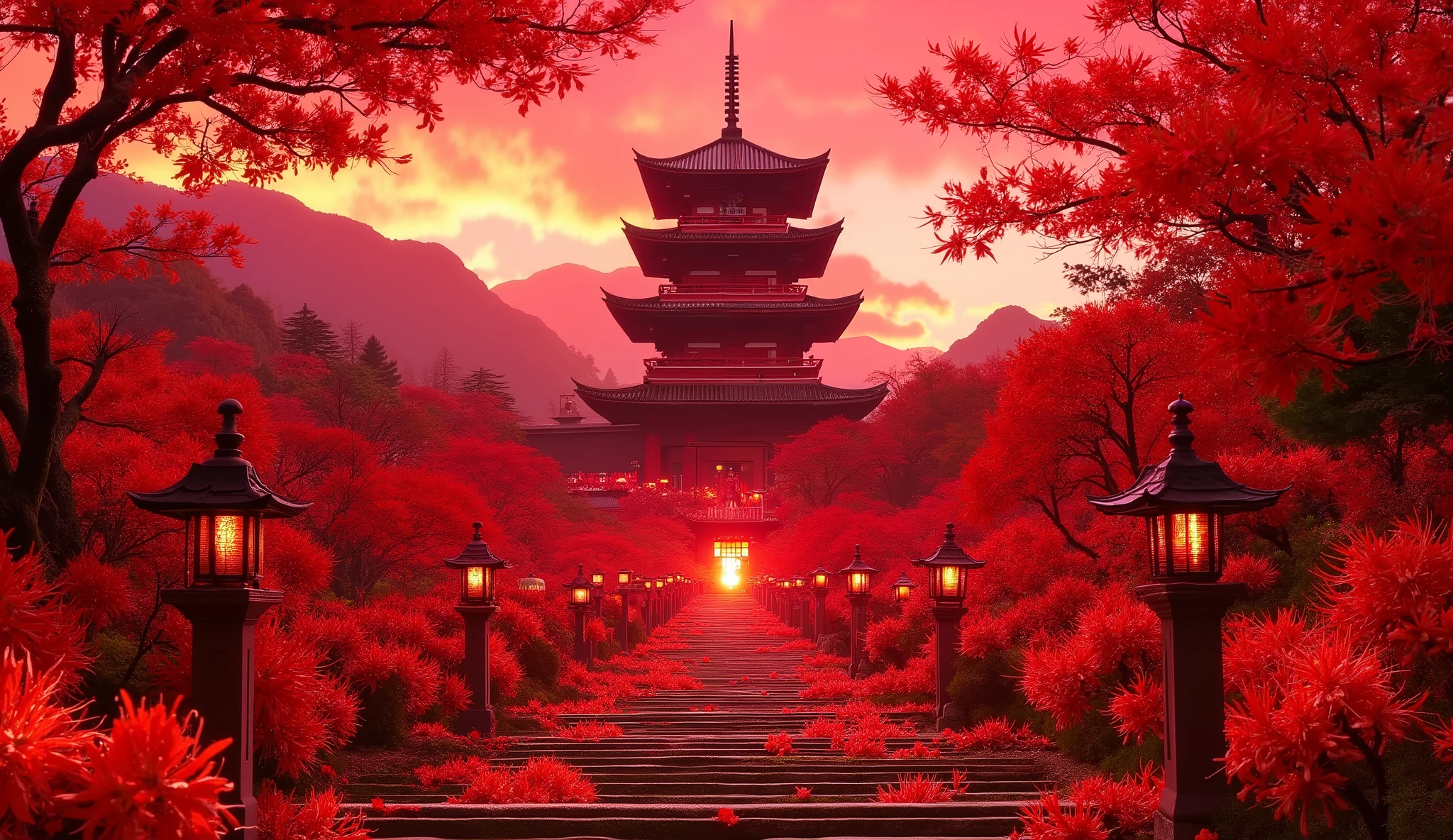 (古いwhen climbing the mossy stone steps, 、A vermilion Japanese five-story pagoda appears:1.5),(Japanese-style temples and stone lanterns:1.5),(when climbing the mossy stone steps, 、A majestic five-story pagoda appears:1.5), (A beautiful world dyed in the sunset:1.5),A mysterious world),fantastic atmosphere,A fox fire is lit in front of the shrine,(The stone lanterns are all lit:1.5),(The bright red flower stone lantern:1.5),(Full bloom in full bloom:1.5),(A beautiful world dyed in the sunset:1.5),(The bright red flower stone lantern:1.5),(A bright red manjushage secretly blooming around the stone lantern:1.5),  lots of red bunnies blooming secretly around the stone lanterns  ,Lots of spider lilies blooming secretly around the stone lanterns,countless spider lilies are blooming,(people:1.5),(As I climbed the mossy stone steps, :1.5),