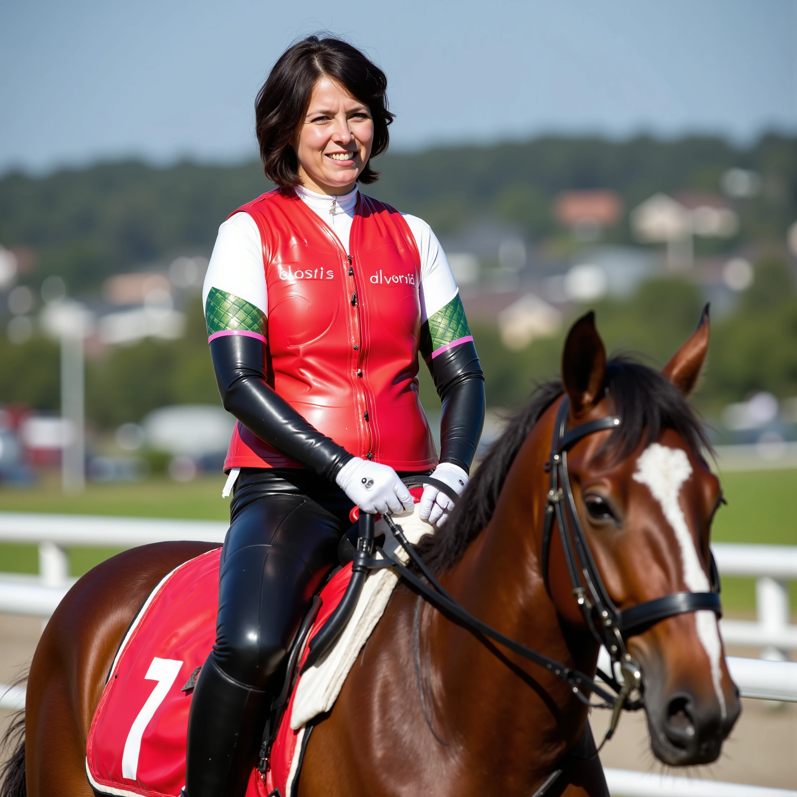 a 34 year old woman with short shoulder length black brown hair that shines in the sunlight is on a horses saddle, the horse has a red blanket across its back with the number 1 written in white text, the woman wears a bright red shiny leather horse riding vest that is armored for protection against impact and waterproof for outdoor running, the woman wears a white lycra shirt with green diamonds on the sleeves, the woman is wearing black and pink riding pants made of shiny tight lycra, the woman wears red leather dressage riding boots, on a horse racing track with a small township seen from the parking lot visible from the track, the woman and horse are facing the photographer