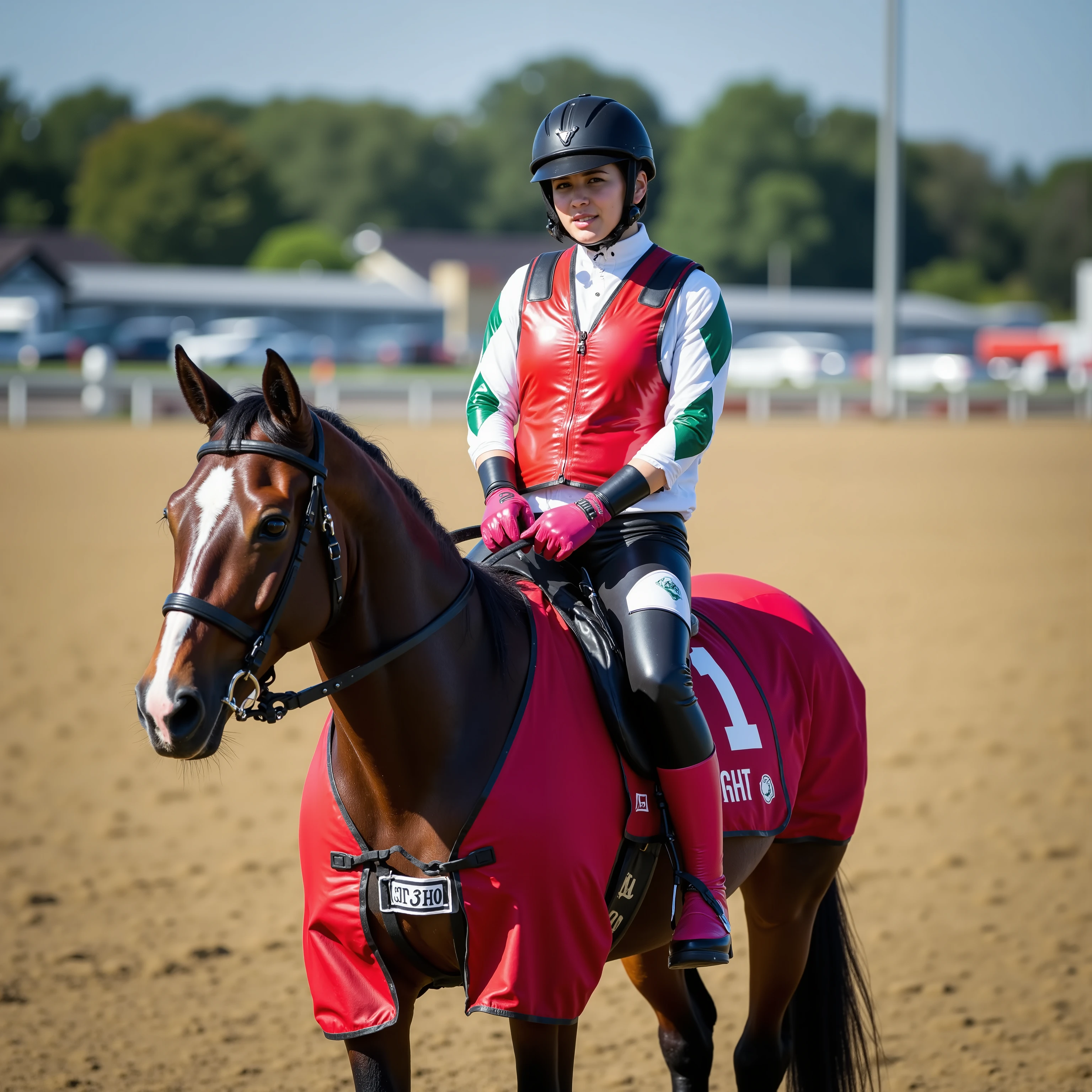 a 34 year old woman with short shoulder length black brown hair that shines in the sunlight is on a horses saddle, the horse has a red blanket across its back with the number 1 written in white text, the woman wears a bright red shiny leather horse riding vest that is armored for protection against impact and waterproof for outdoor running, the woman wears a white lycra shirt with green diamonds on the sleeves, the woman is wearing black and pink riding pants made of shiny tight lycra, the woman wears red leather dressage riding boots, on a horse racing track with a small township seen from the parking lot visible from the track, the woman and horse are facing the photographer