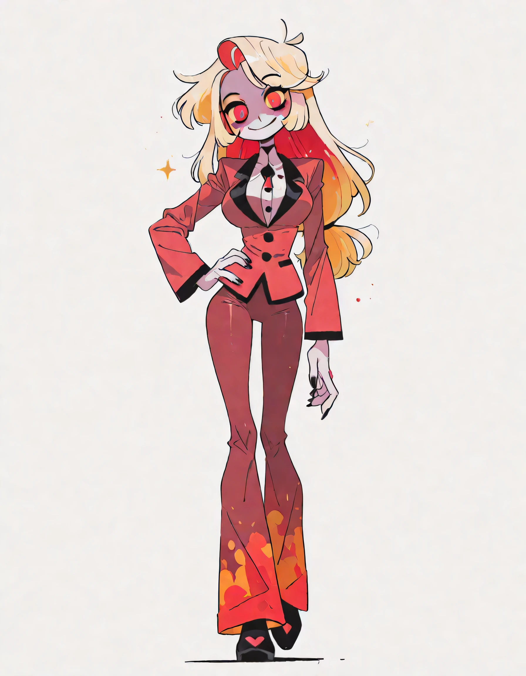 masterpiece, ultra-HD, impressionism, high detail, best quality, very aesthetic, 8k, best quality, beautiful, tmchng , Charlie Morningstar (hazbin hotel) solo , skinny boy , Red Suit , long pants , tight clothes , flared pants , pure skin , red eyes, black nails, long hair , yellow sclera , big breast , smile , hand no hip , long legs , full body