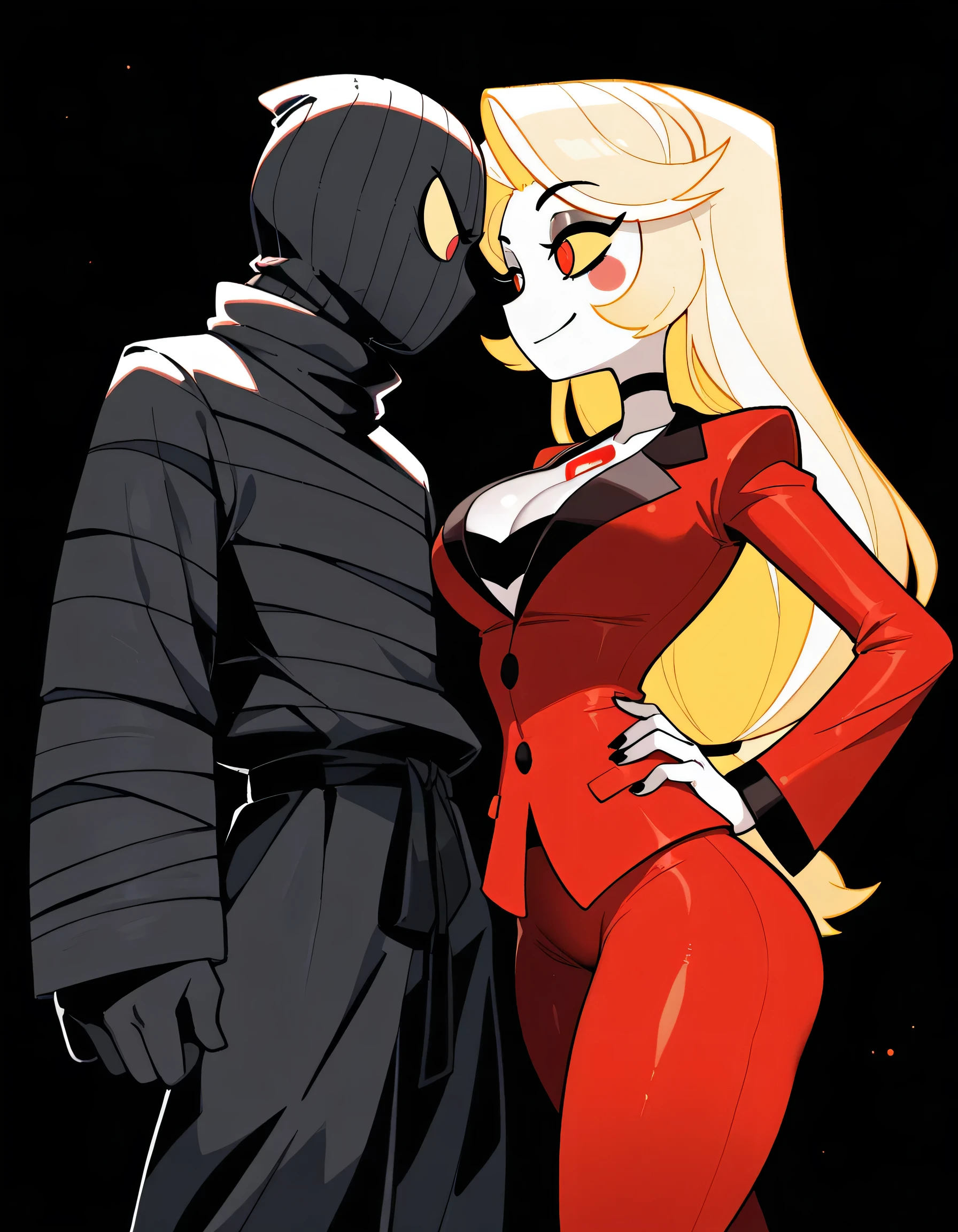 masterpiece, ultra-HD, impressionism, high detail, best quality, very aesthetic, 8k, best quality, beautiful, tmchng , 1 man , robber , balaclava , prisoner clothes , face to face , Charlie Morningstar (hazbin hotel) solo , skinny boy , Red Suit , long pants , tight clothes , flared pants , pure skin , red eyes, black nails, long hair , yellow sclera , big breast , smile , hand no hip , casual stance , thighs