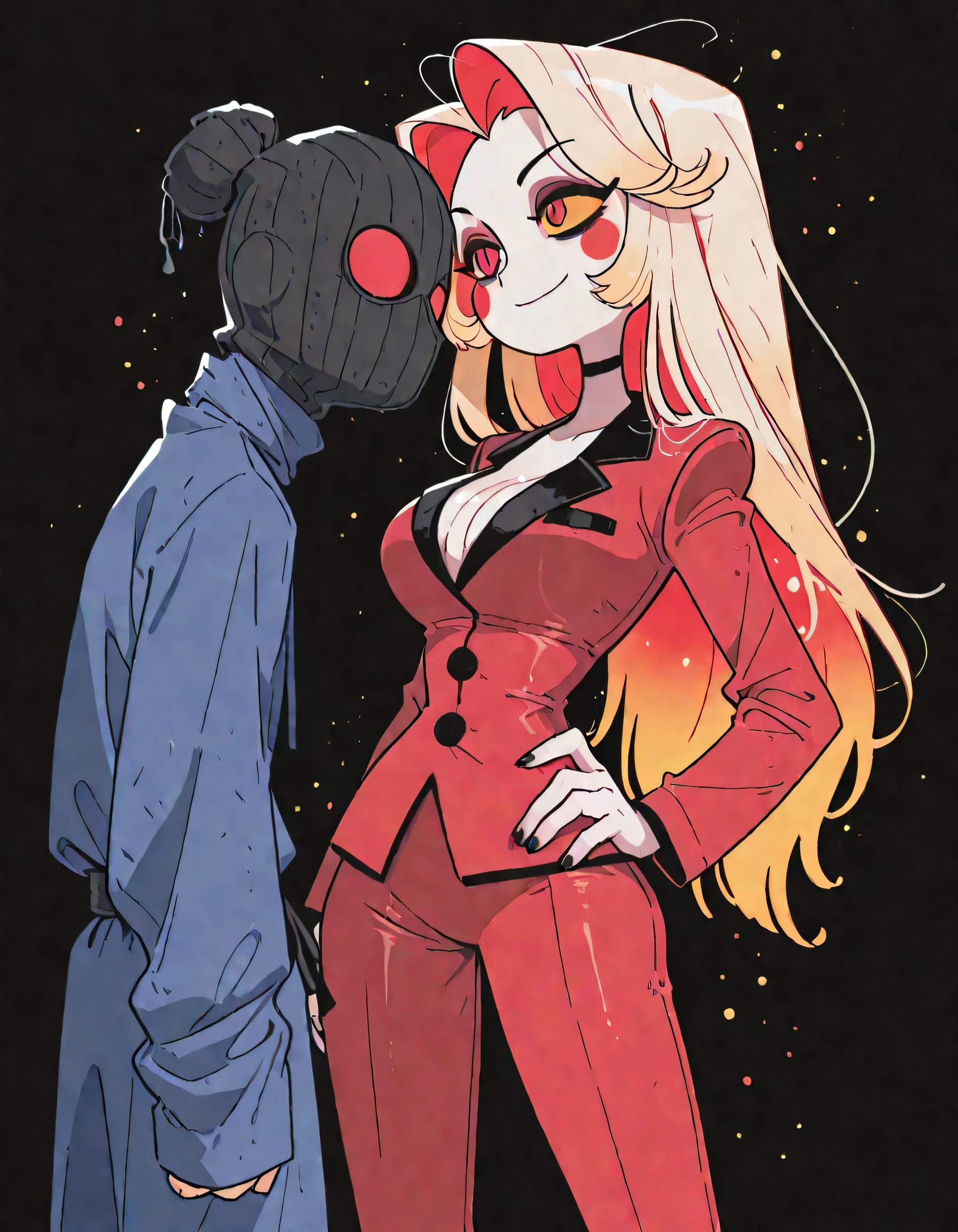 masterpiece, ultra-HD, impressionism, high detail, best quality, very aesthetic, 8k, best quality, beautiful, tmchng , 1 man , robber , balaclava , prisoner clothes , face to face , Charlie Morningstar (hazbin hotel) solo , skinny boy , Red Suit , long pants , tight clothes , flared pants , pure skin , red eyes, black nails, long hair , yellow sclera , big breast , smile , hand no hip , casual stance , thighs