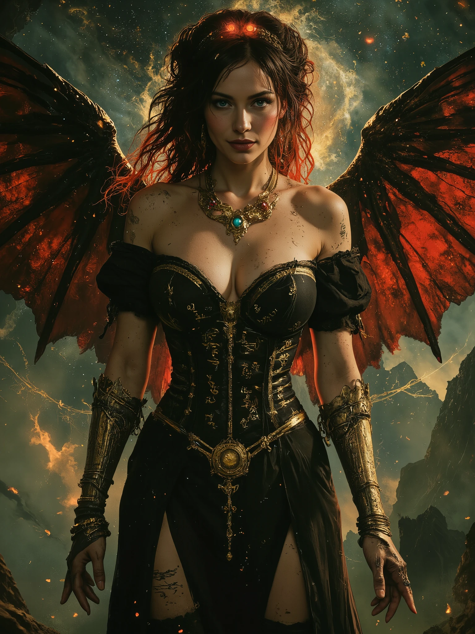 Dreamlike world deep shadows cinematic darkness
underexposed chiaroscuro atmospheric haze
low-key lighting. We find a captivating , pale skinned ravishingly beautiful goddess looking provocative and vibrant with alive, with a curvy physique, adorned in a black corset dress embroidered with sacred equations and esoteric symbols woven in shimmering gold thread, her diaphanous gown draping elegantly across her shoulders, standing tall amidst a breathtaking, star-studded celestial expanse, with majestic feathery red leather wings unfolding from her with shimmering scales. Her seraphic visage is crowned with wild, curly dark crimson hair, and a smoldering blue eyed gaze greets the viewer, in an eldritch manner she weaves an incantation and grins roguishly at the viewer in challenge. A large gold and ruby necklace shines like a beacon and radiates an otherworldly aura. Behind her, a titanic, cosmic maelstrom churns, as the universe itself bends to her will, with glimmering phantasmagoria and eerie cosmic forms surround her and behind. She unleashed the powers of nature and balance in a blast of
magical energy
rocks planet Earth in a photorealistic style blending the dark, mystical elements of Gerald Brom's Gothic fantasy art, the vibrant, fantastical depth of Noah Bradley's dreamscapes, and the visionary, ethereal aesthetic of Andrew Gonzalez's cosmic landscapes, with meticulous attention to intricate details, believable texture, and atmosphere.