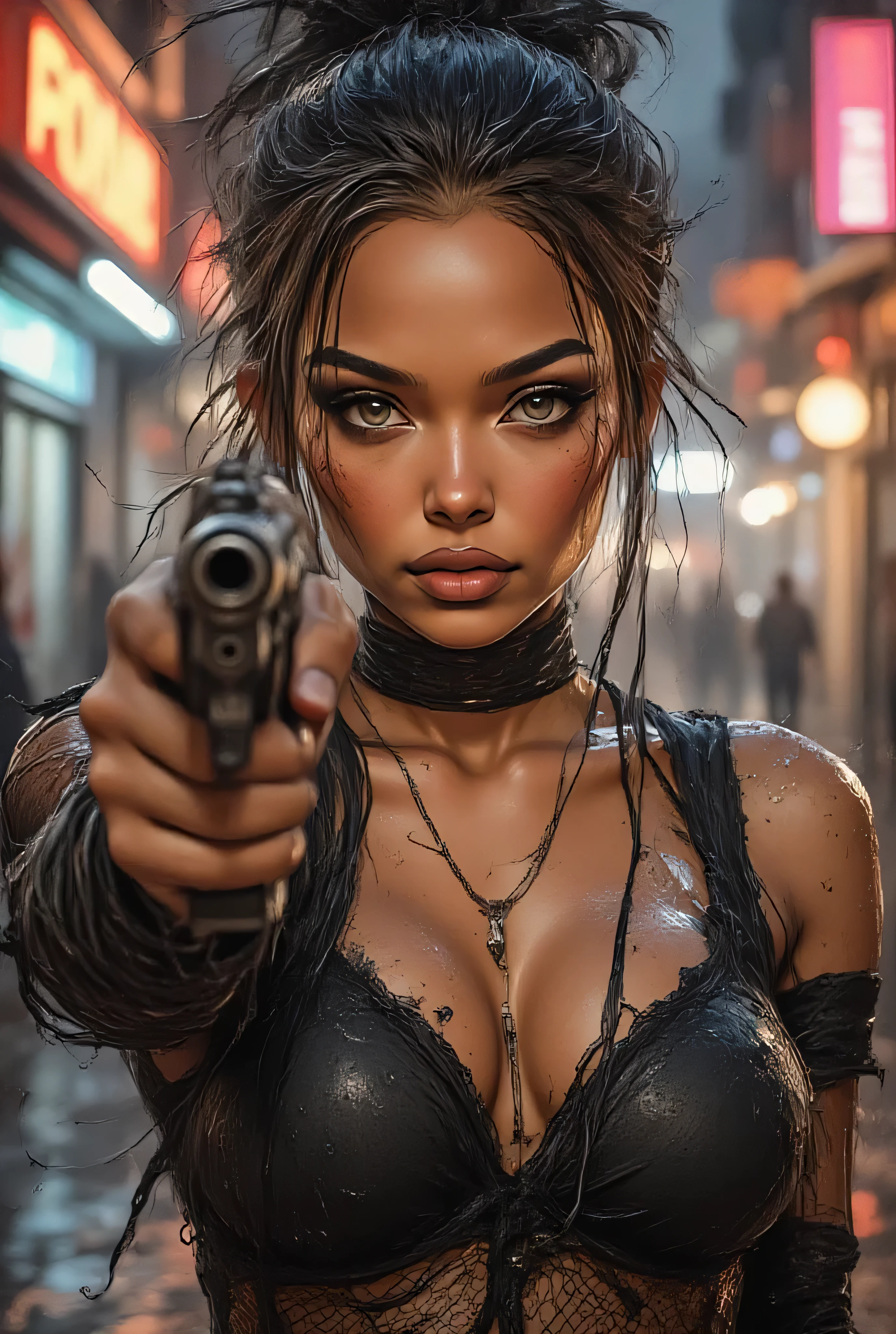 (best quality, masterpiece), (extremely detailed CG unity 8k wallpaper), (photorealistic, finely detailed skin, perfect eyes, perfect anatomy), (intricate details: wet skin, glistening water droplets, subtle reflections), (cinematic lighting, dramatic shadows, volumetric fog in background),
1 breathtaking woman, (facing viewer, looking at viewer, intense gaze), (holding gun(perfect design), aiming at viewer), (wet hair, long braids, strands of hair sticking to face and neck), (wet black fishnet top, no bra visible underneath, wet clothes clinging to body, sexy transparent), (cleavage, toned arms),
(urban alleyway background, rainy night, neon lights in distance, blurred background, bokeh), (gritty atmosphere, cyberpunk aesthetic hints), (rain, raindrops on lens effect, subtle steam from ground),
(challenge smile, confident), (sharp focus on face and gun), (soft bokeh background), (dynamic pose), (rule of thirds composition),
(realistic shading, subsurface scattering on skin), (atmospheric perspective),
(RAW photo, highest resolution, unreal engine 5, octane render)