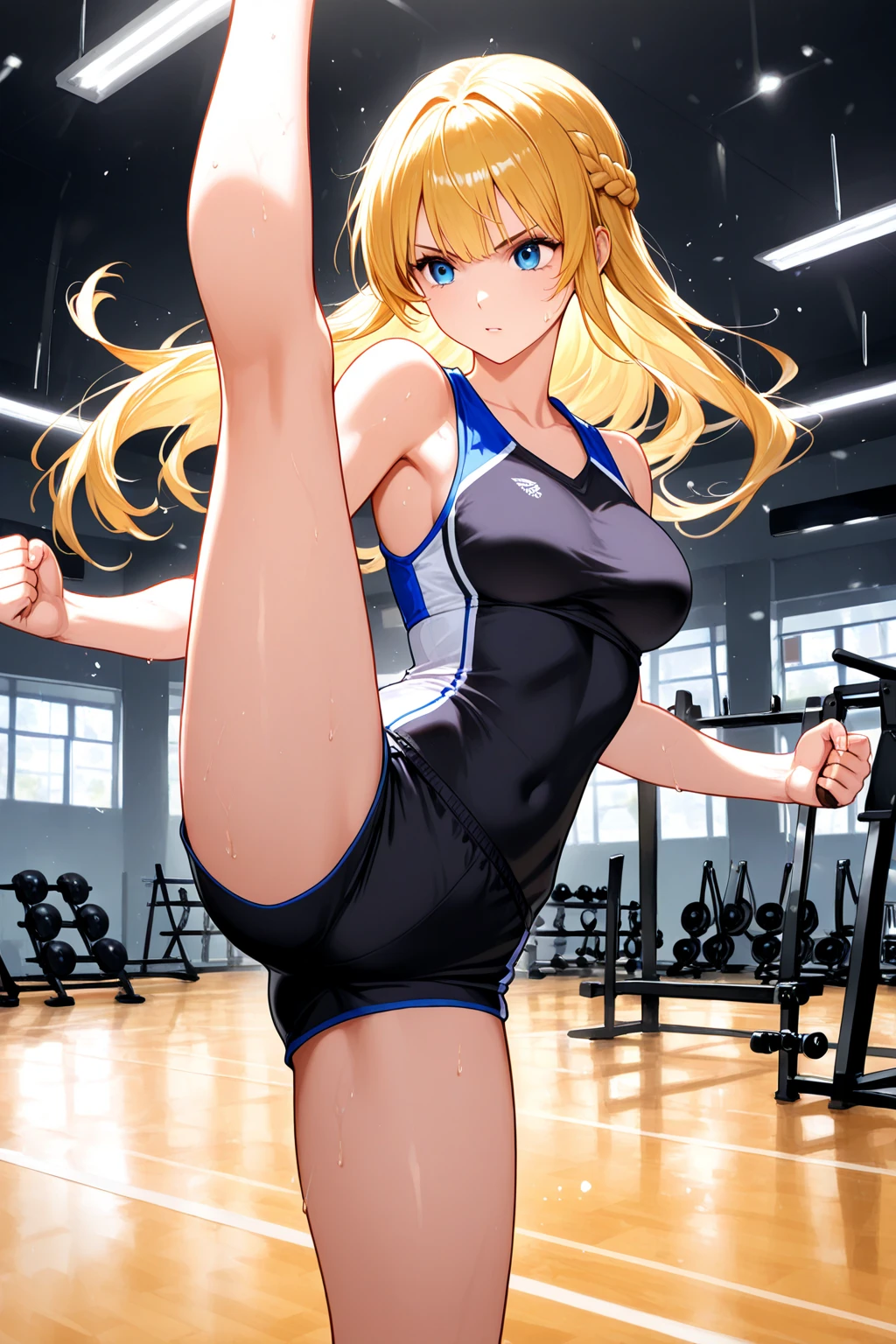 Create an image of Sanji from One Piece reimagined as a dynamic and skilled young gymnast. She has her signature blonde hair styled in a practical, high ponytail or sleek bun, allowing for maximum movement and showcasing her athletic grace. Her bright blue eyes are sharp and focused, reflecting both determination and the excitement of gymnastics. She is dressed in a stylish and functional gymnastics outfit that highlights her athleticism and flexibility: Leotard: A fitted, sleeveless leotard in a bold, vibrant color such as royal blue or emerald green. The leotard features sleek lines and modern design elements, perhaps with subtle patterns or geometric accents that add a touch of elegance and sophistication. Shorts: If the leotard has a connected skirt or shorts, they are designed to match and complement the leotard, in a coordinating color or with subtle embellishments. Footwear: Gymnastics grips or  feet, depending on the type of routine being performed. If she is wearing grips, they are sleek and functional, designed to enhance her performance. Accessories: Minimal accessories to maintain functionality and focus on performance. Perhaps a small, practical wristband or headband in a matching color that keeps her hair in place and absorbs sweat. Sanji’s posture captures a moment of dynamic movement, such as a high leap, balance pose, or a graceful landing. Her expression is intense and determined, with a hint of excitement, embodying the energy and discipline of gymnastics. Every detail, from the streamlined design of the leotard to the smooth, athletic lines of her pose, is rendered with precision. The image should be visually striking and captured in 8K resolution, ensuring that every aspect of her appearance is portrayed with high quality, resulting in a captivating and energetic representation of Sanji as a young gymnast.