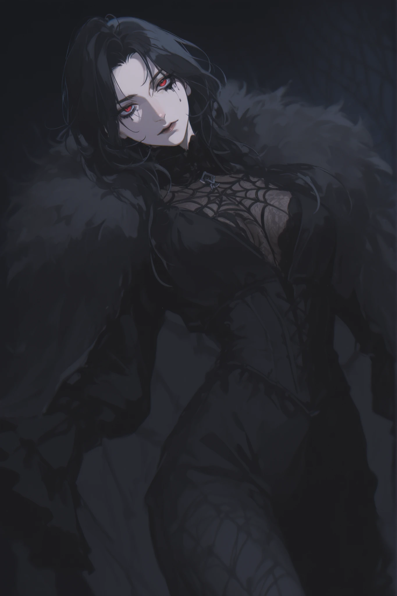  best quality, masterpiece, 1girl, black_hair, dynamic angle, long_hair, straight_hair, dynamic pose, neutral expression, evil, mature face, dark fantasy, {black, evil, tall lady, splash art},black roses, high_collar,  pattern undershirt, black undershirt, frill sleeves, round eyes, mature face, lingerie pattern), 1girl, cowboy_shot, long_hair, blurry, eyeliner, path_to_nowhere, anime_style, black_dress, gothic, goth, victorian, carmilla, dark background, serious expression, runny_makeup, black_makeup, fur_cloak, black fur cloak, spider motiff, black spiderweb, black spiderweb pattern, black ooze, dark expression, pattern_leggings, blurry_background, 1girl, yoneyama mai, pale, parted_bangs, red eyes, edgy fashion, victorian style, bold look, fashionable, solo, looking at viewer, blurry, chromatic aberration, portrait, rich color, beautiful light, perfect contrast, realistic facial features, detailed features, defined features, detailed hair, semi-realistic style, attractive features, dark colors, dark lighting, painted style, detailed style, black outline, perfect detail, pale skin, eyebags, dull colors, anime style, semi-realistic, boy, clear background, lifeless colors, dirty filter, dark, rough sketch lineart, loose lineart, watercolor coloring, masterpiece, ultra detailed, 4k, 8k, ultra hd, best