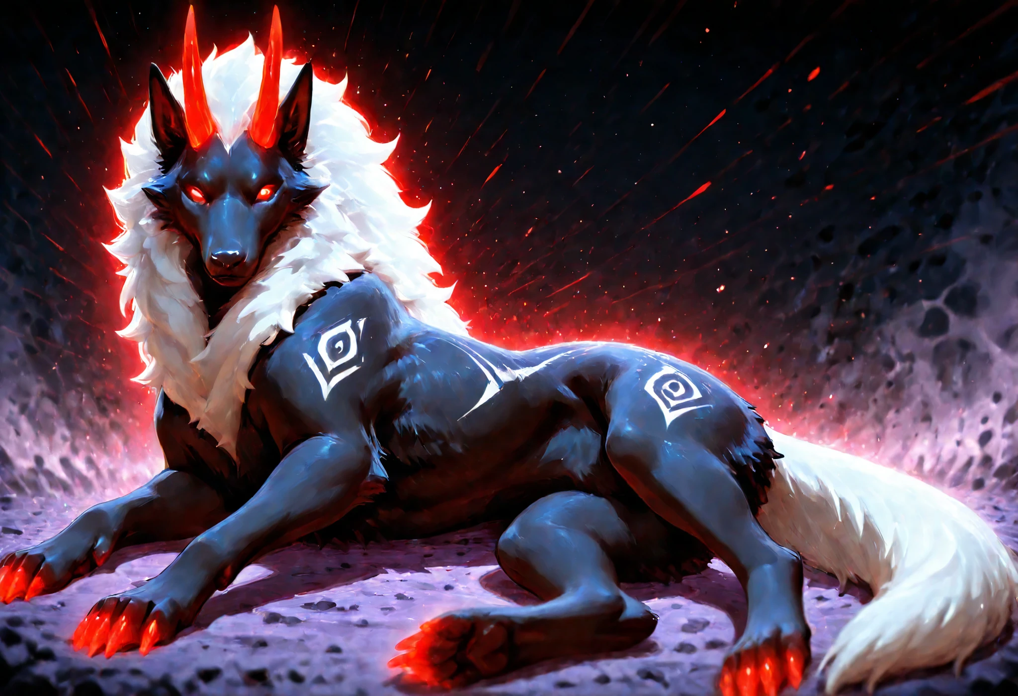 sharrax, ((((feral)))), ((female)), straight glowing horns,red glowing claws, pitch black body fur, luminous white mane, luminous white-black tail,abstract painting, jet black background , 8K resolution, High detail, Realistic fur texture, Depth of field for emphasis, Atmospheric fog or mist for mystical effect, (((lies on side))),