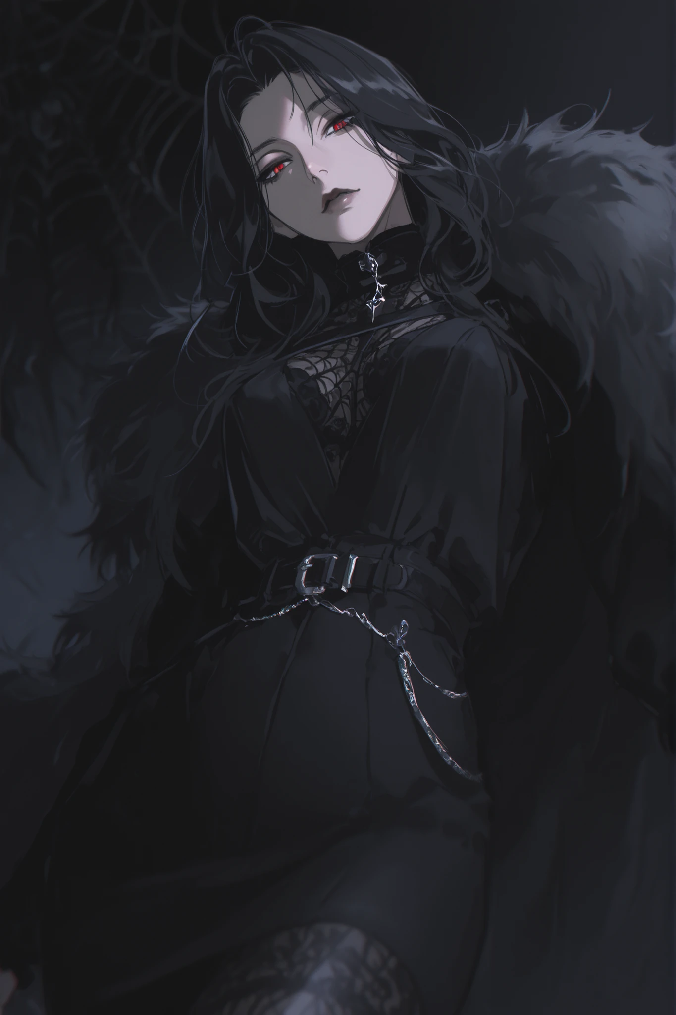  best quality, masterpiece, 1girl, black_hair, dynamic angle, long_hair, straight_hair, dynamic pose, low perspective, looking down on viewer, neutral expression, evil, mature face, dark fantasy, {black, evil, tall lady, splash art},black roses, high_collar,  pattern undershirt, black undershirt, black bodysuit, round eyes, mature face, lingerie pattern), 1girl, cowboy_shot, long_hair, blurry, shadow monster, eyeliner, path_to_nowhere, anime_style, black_dress, gothic, goth, victorian, carmilla, dark background, black_makeup, belts, tigh belt, fur_cloak, black fur cloak, black_skirt, tigh_highs, spider motiff, black spiderweb, black spiderweb pattern, black ooze, dark expression, pattern_leggings, blurry_background, 1girl, yoneyama mai, pale, parted_bangs, red eyes, edgy fashion, victorian style, bold look, fashionable, solo, looking at viewer, blurry, chromatic aberration, portrait, rich color, beautiful light, perfect contrast, realistic facial features, detailed features, defined features, detailed hair, semi-realistic style, attractive features, dark colors, dark lighting, painted style, detailed style, black outline, perfect detail, pale skin, eyebags, dull colors, anime style, semi-realistic, boy, clear background, lifeless colors, dirty filter, dark, rough sketch lineart, loose lineart, watercolor coloring, masterpiece, ultra detailed, 4k, 8k, ultra hd, best