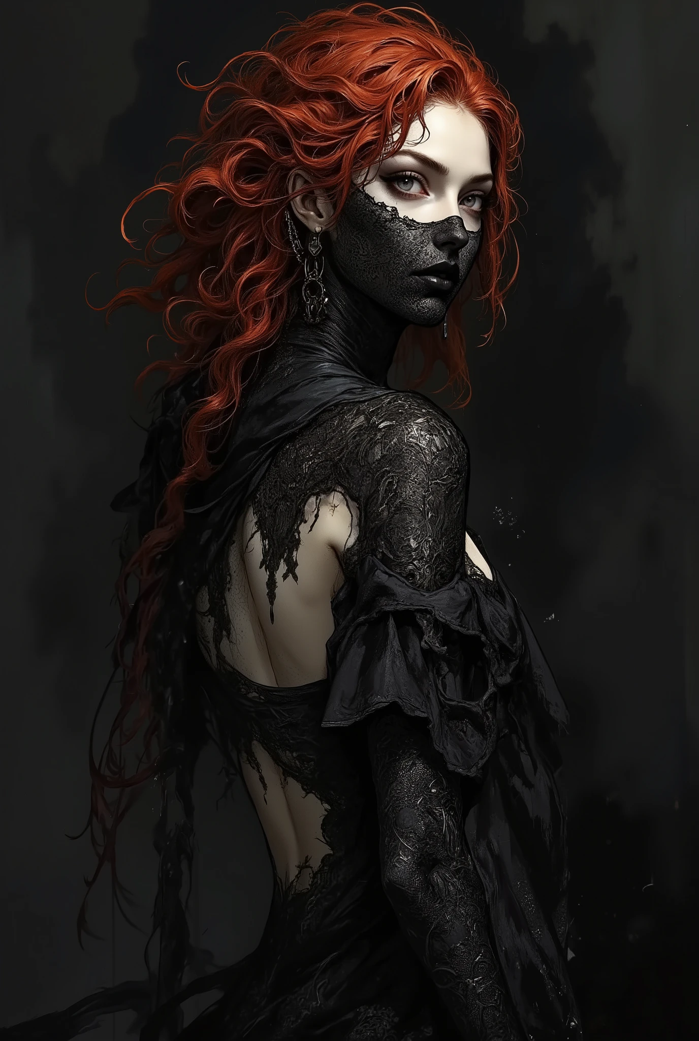 A mysterious and fateful woman whose face is shrouded in a haze of black veil. Pale skin and the tantalizing outline of red lips shimmer from under the veil. Lush waves of flame-red hair fall to her shoulders, creating a vivid contrast with the surrounding darkness. Her posture and gaze, full of cold confidence, speak of dangerous strength. A Gothic look, accentuated by a black lace outfit and soft light, revealing only her silhouette and hidden features. An atmosphere of mystery, seduction and threat