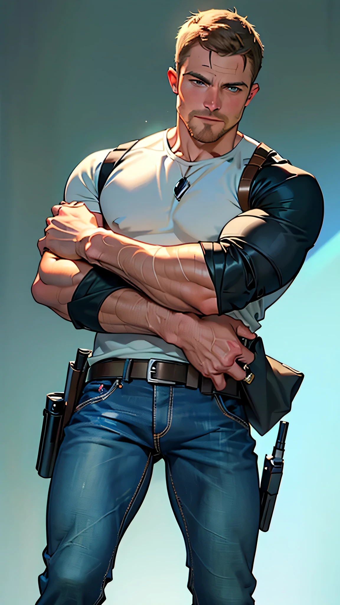 vpl,vpl,1 man, male focus solo,45 yo man, (((Stephen AMELL as private investigator))), lean muscle, open blue shirt, marine blue jeans with brown belt ,( bulge), full body shot, dark blond short hair, BLUE GREEN EYES , well groomed facial hair, (((( HANDS CROSSED , holding TWO guns IN BOTH HANDS LIKE JAMES BOND )))) (((SPREAD LEGS , VERY MANLY APPERANCE ))), ultra high quality, masterpiece, ( ever changing background, blue and white and green arabesques lines in the background)
