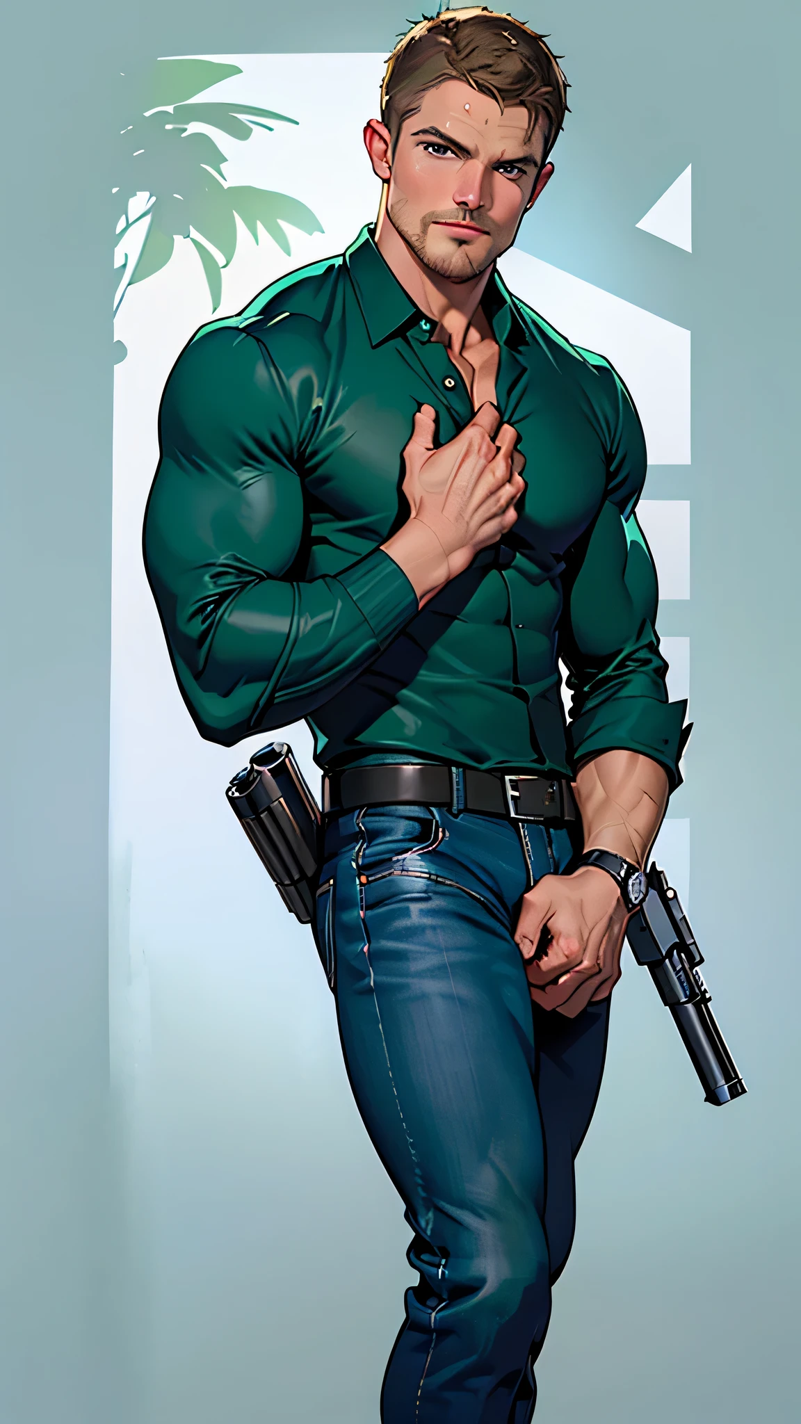 vpl,vpl,1 man, male focus solo,45 yo man, (((Stephen AMELL as private investigator))), lean muscle, open blue shirt, marine blue jeans with brown belt ,( bulge), full body shot, dark blond short hair, BLUE GREEN EYES , well groomed facial hair, (((( HANDS CROSSED , holding TWO guns IN BOTH HANDS LIKE JAMES BOND )))) (((SPREAD LEGS , VERY MANLY APPERANCE ))), ultra high quality, masterpiece, ( ever changing background, blue and white and green arabesques lines in the background)