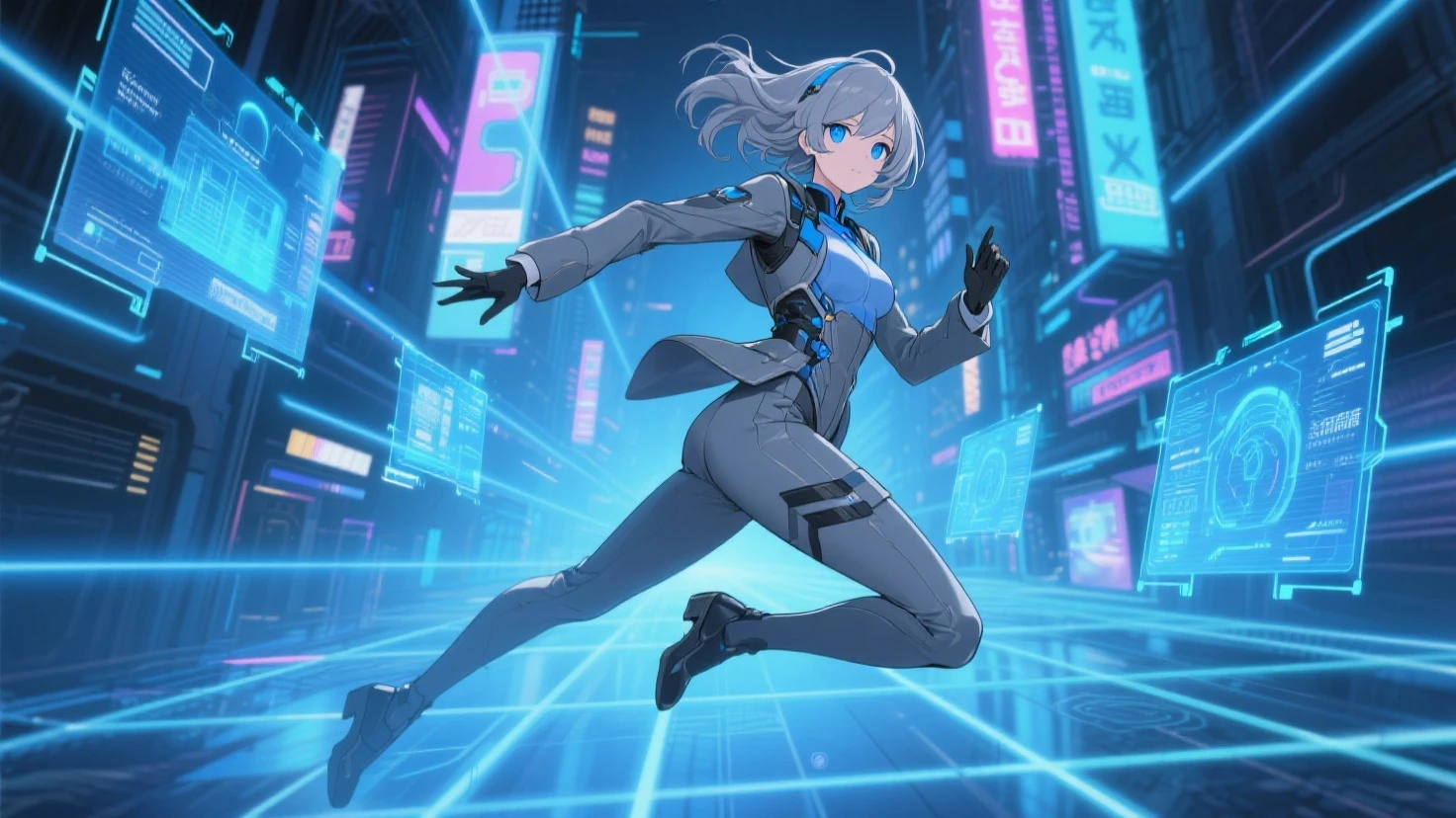  1girl, anime girl, silver hair, long twintails, silver eyes, cyber outfit, on top of skyscraper