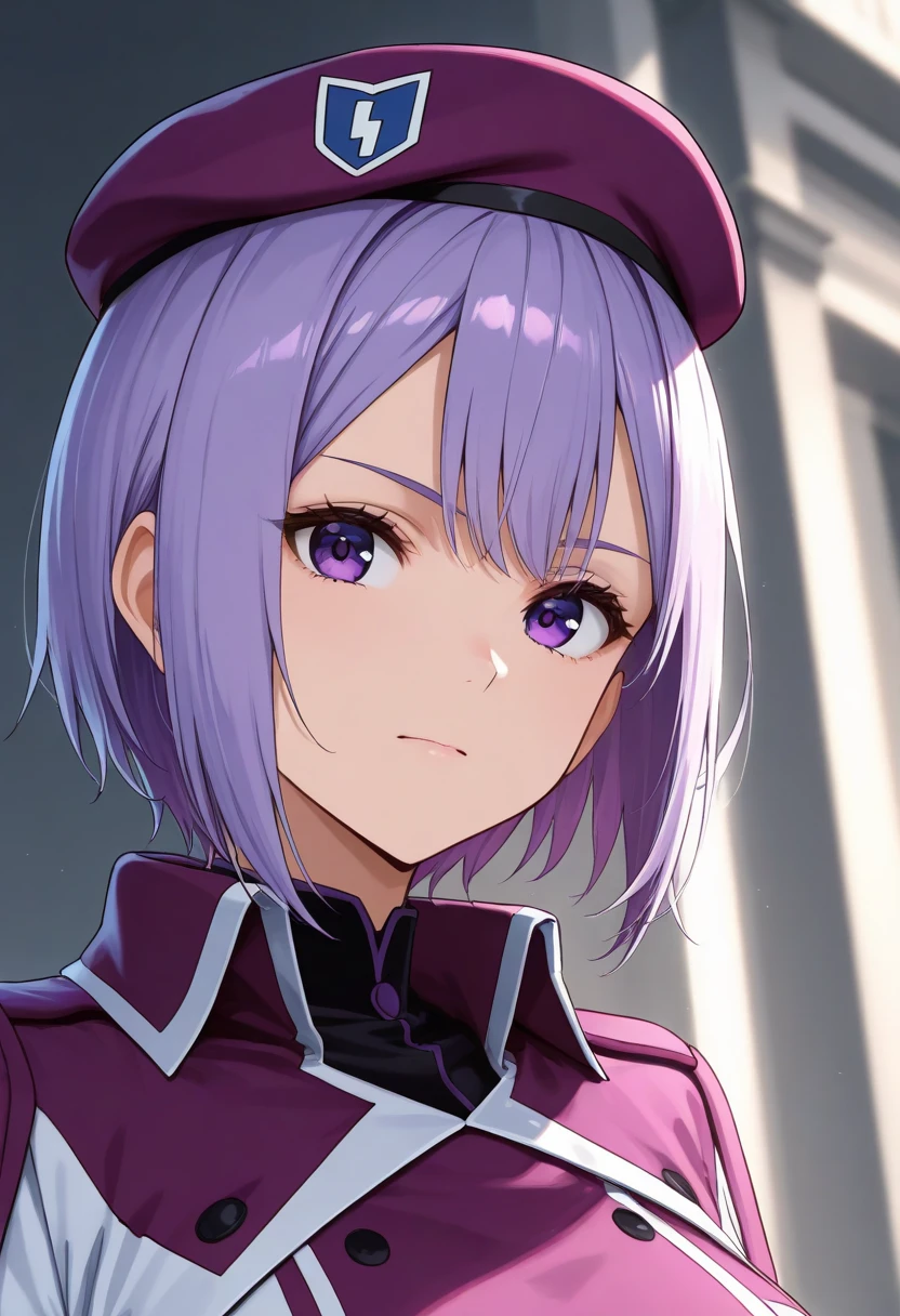 (((masterpiece)))(((Highest quality)))(((8K)))(((4K)))One Little Girl、Straight Hair、Pink high ponytail、Crossed bangs、Light purple eyes、Squint your eyes、smile、JK Uniform、From above at an angle、Upper Body