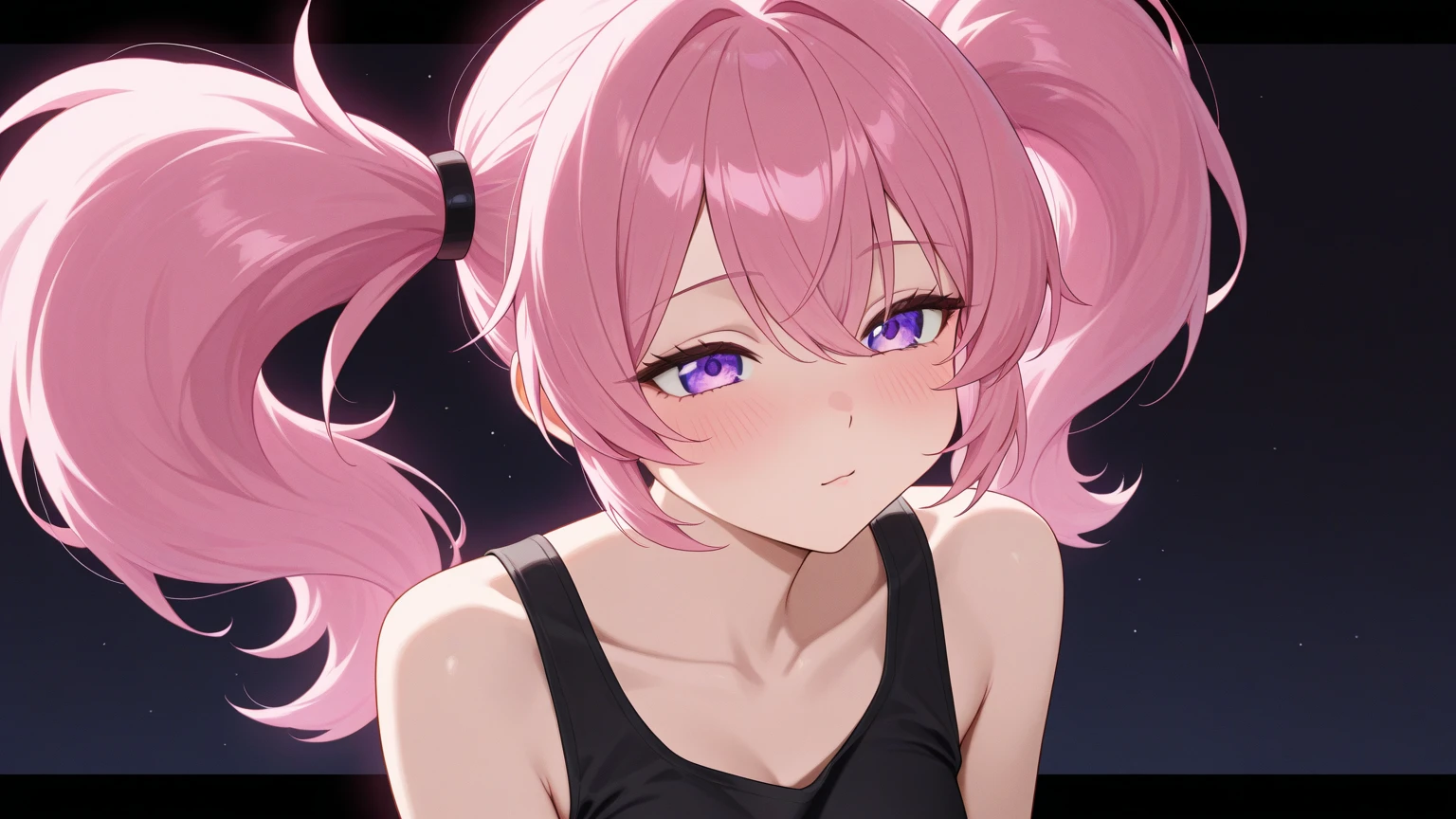 (((masterpiece)))(((Highest quality)))(((8K)))(((4K)))One Little Girl、10 years old、Straight Hair、Having a lot of hair(Pink Hair)Pink high ponytail、Ribbon on head、Crossed bangs、Light purple eyes、Squint your eyes、((Smile with your mouth closed))、(((Cute Mini Dresses)))、Small , 、turn around、Upper Body、Anime Style