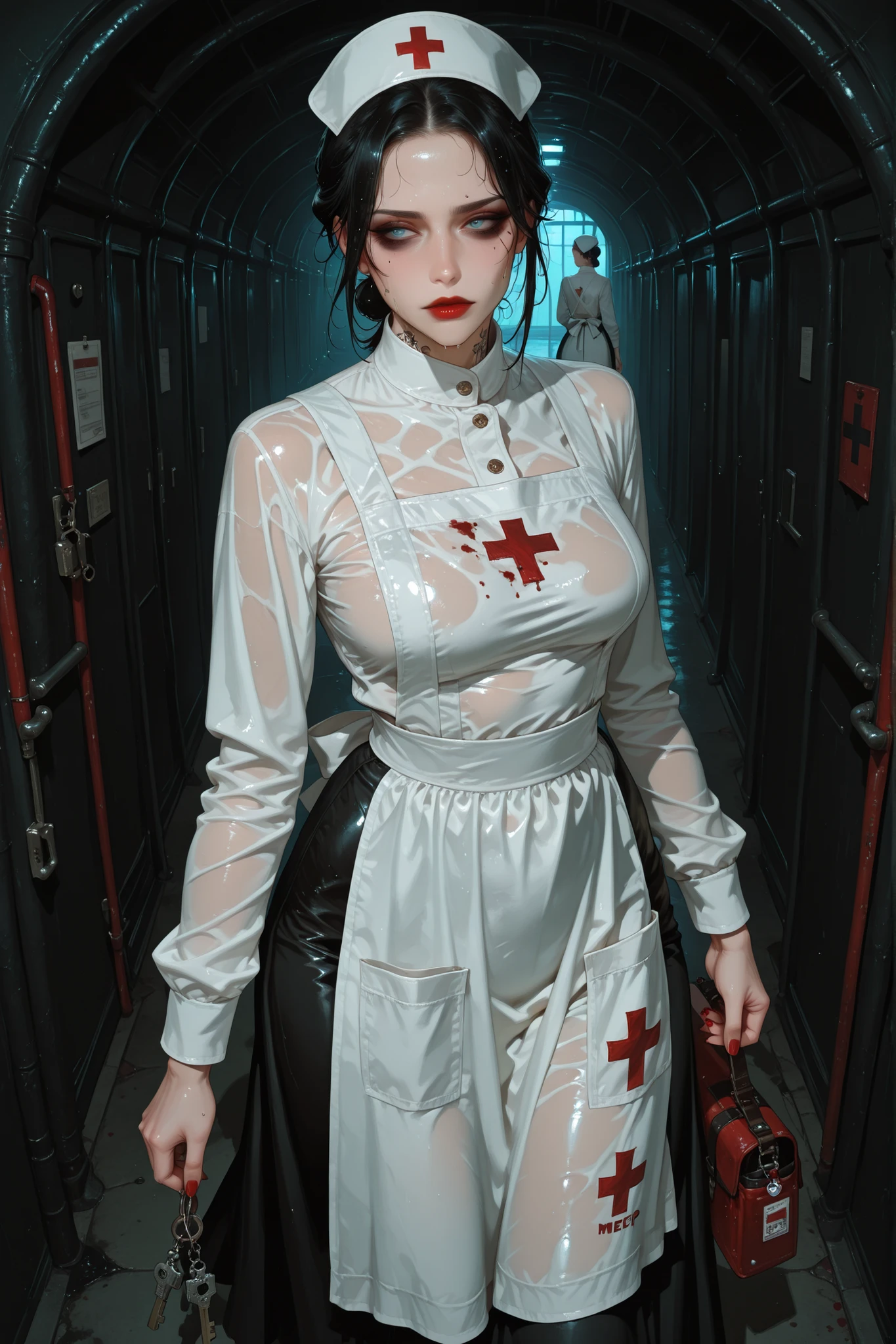 score_9, score_8_up, score_7_up, score_6_up, score_5_up, score_4_up, Label 1, Label2, quality_masterpiece, Anatomically correct, beautiful face, perfect face, Beautiful and highly detailed face, sexy milf Attractive face , Milf Detailed Face, MILf Delicate Facial Features, detailed ,Very detailed & Beautiful and dazzling eyes, black hair, blue eyes, nurse cap, nurse, leather apron, nurse outfit, long skirt, black skirt, bloody apron, field medic, field doctor, long sleeves, red lips, shadow under eyes, serious, neck tattoo, black tattoos, arcane tattoos, keys, keychain, tied hair, bloody clothes, medium breasts, white apron, Victorian era, Victorian clothes, red nails, keychain, walking, dark factory, dark tunnel, sweat, wet clothes, dark tunnel background,