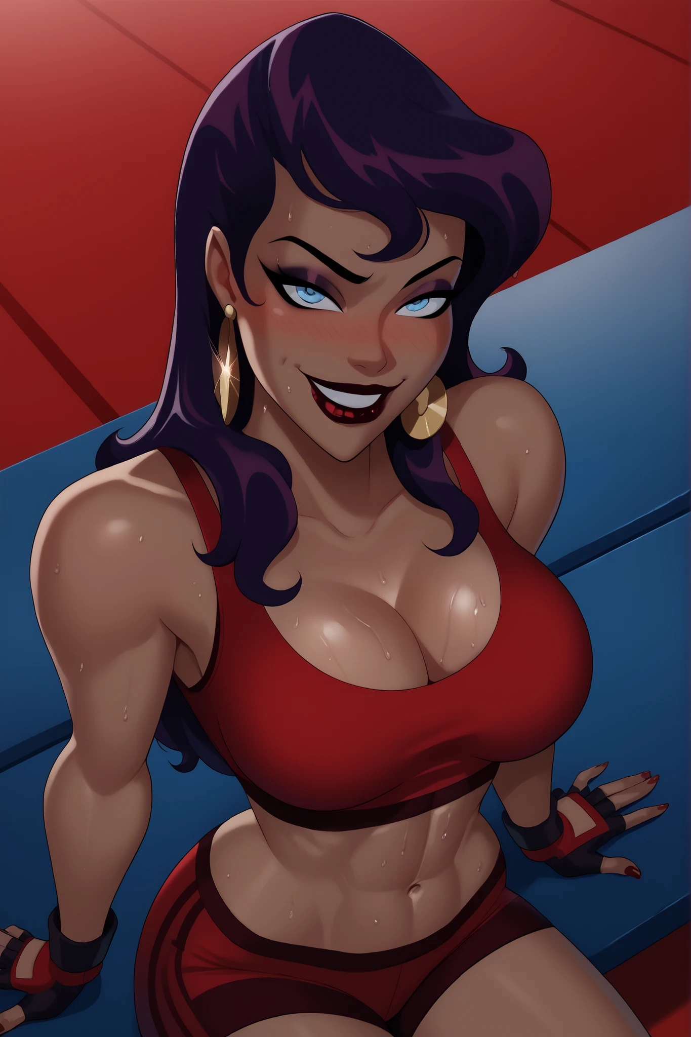 BREAK, score_9, score_8_up, score_7_up, score_6_up, masterpiece, high quality, NorCirce, 1girl, solo, purple hair, long hair, blue eyes, earrings, jewelry, , cleavage, curvy, athletic, dark-skinned female, lipstick, makeup, looking at viewer, seducing viewer, teasing viewer, smile, closed mouth, expression, bedroom eyes, busty, ruby red sports bra, ruby red gym shorts, ruby red fingerless gloves, sitting on bench, indoors, gym, portrait, upper body, closeup, high-angle view, dark purple eyeshadow, sweaty, sweat drops, blushing