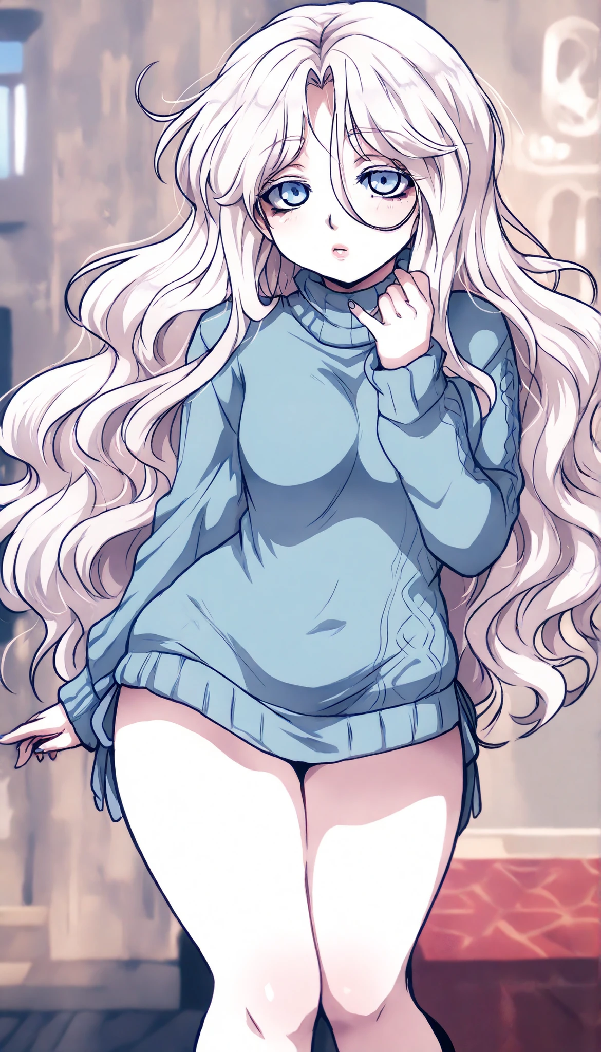 A tall, albino girl, with pale skin and white hair. She has pastel blue eyes, extremely light eyes, and her white hair is quite long, Reaching up to the ankles, and is quite wavy and with a large wavy fringe, Over the eyebrows, her pale skin has some large, even lighter spots in some places, como ombros, centro do peito, thighs and neck. She wears simple but elegant clothes, pastel-colored. Her body is thin and slender, but has quite thick shells and a big butt, com seios pequenos, estatura alta. She wears a pastal-colored sweater dress