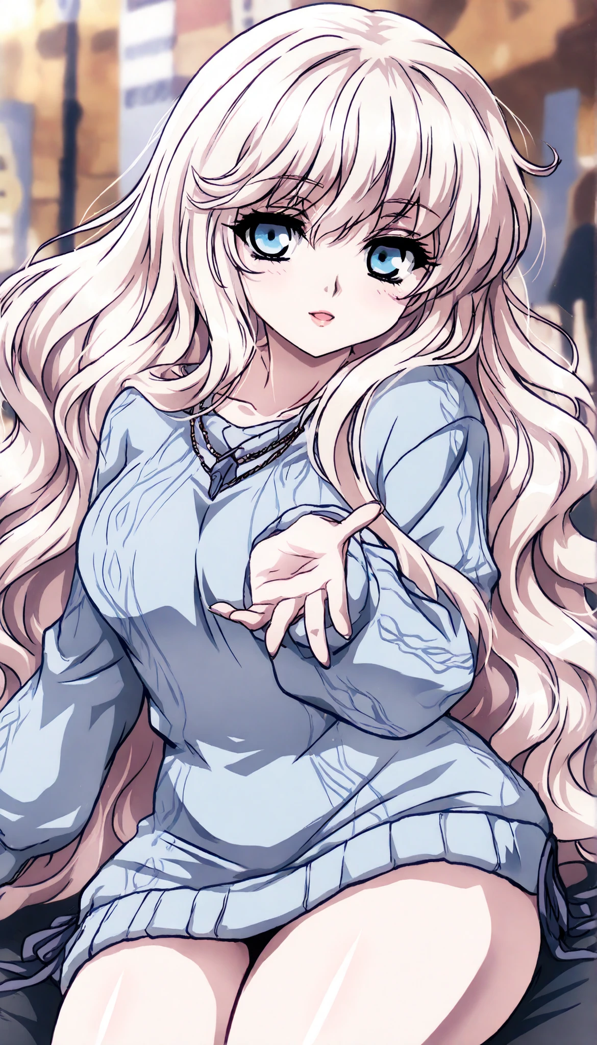 A tall, albino girl, with pale skin and white hair. She has pastel blue eyes, extremely light eyes, and her white hair is quite long, Reaching up to the ankles, and is quite wavy and with a large wavy fringe, Over the eyebrows, her pale skin has some large, even lighter spots in some places, como ombros, centro do peito, thighs and neck. She wears simple but elegant clothes, pastel-colored. Her body is thin and slender, but has quite thick shells and a big butt, com seios pequenos, estatura alta. She wears a pastal-colored sweater dress