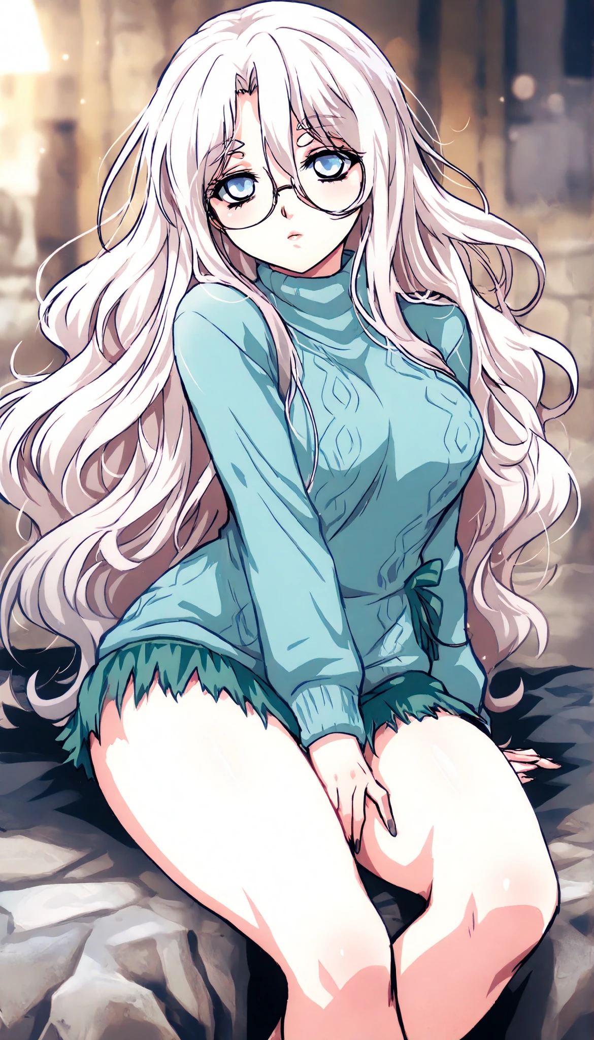 A tall, albino girl, with pale skin and white hair. She has pastel blue eyes, extremely light eyes, and her white hair is quite long, Reaching up to the ankles, and is quite wavy and with a large wavy fringe, Over the eyebrows, her pale skin has some large, even lighter spots in some places, como ombros, centro do peito, thighs and neck. She wears simple but elegant clothes, pastel-colored. Her body is thin and slender, but has quite thick shells and a big butt, com seios pequenos, estatura alta. She wears a pastal-colored sweater dress