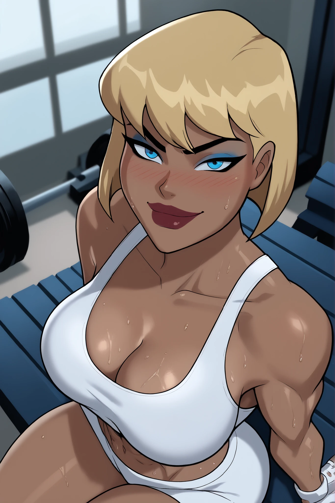 BREAK, score_6_up, score_7_up, score_8_up, score_9, g4l4t3a, 1girl, solo, short hair, bangs, blue eyes, blonde hair, lipstick, makeup, dark skin, dark-skinned female, large breasts, busty, cleavage, curvy, athletic, muscular female, looking at viewer, seducing viewer, teasing viewer, seductive expression, smiling, closed mouth, bedroom eyes, white sports bra, white gym shorts, white fingerless gloves, indoors, gym, sitting on bench, closeup, portrait, upper body, high-angle view, blue eyeshadow, sweaty, sweat drops, blushing