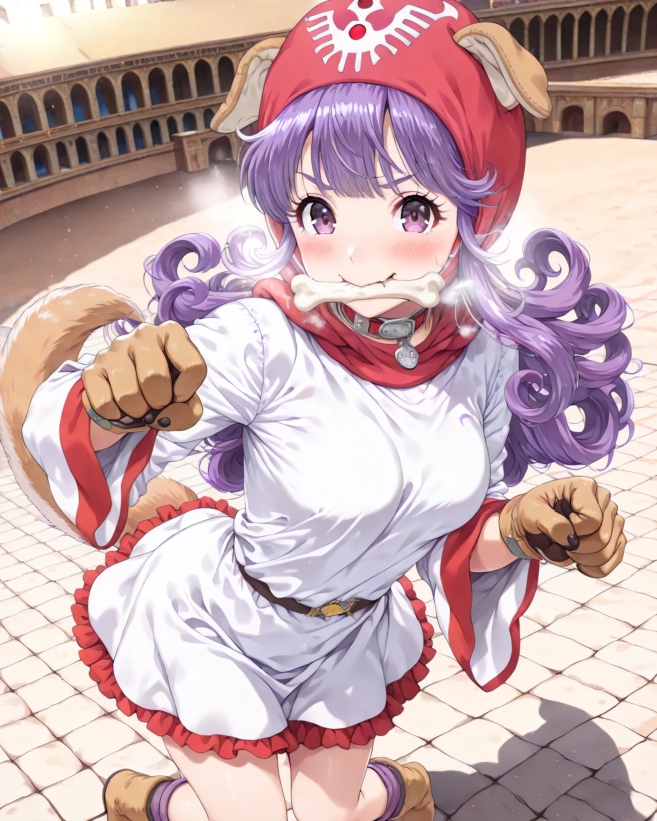 ((言語: 日本語、英語)、(Masterpiece), (Highest Quality), (High Score), (High Resolution),(4k),Uncensored,),
(masterpiece, best quality, very aesthetic)
((屋外)、1girl,,solo,),

(,(Ancient Rome, Colosseum, stone stage),,,(pov,man's hands fighting pose),,,(Anatomically accurate structure),),

((,BREAK,(game cg),))

((mature woman,Princess of Moonbrook,dragon quest,purine,dq2,purine,purple hair,bangs,long hair,long sidelocks,curly hair,bright purple eyes,Pupil,Eyebrows visible through hair,eyelashes,red hood,hood up,(Dog Ear Hoodie),white short dress with red lines,long sleeves,wide sleeves,white robe,Leotard, frilled skirt,,(dog boots),(dog aer),(Dog's tail),(Dog gloves),(dog collar),(medium breasts),),((bashful),(breath),blush,),BREAK,(standing :),(paw pose:1),(bent knees:0.5),(knees together feet apart:1),(twisted torso:1.2),[cowboy shot:],[from above:1.5],[three-quarter view:1.5],[dutch angle],(Big bone,Bone in mouth),(Biting into the bone)、),

(),
（ハイスコア）、（最上級の画像生成）、
(The correct number of fingers, five fingers),
