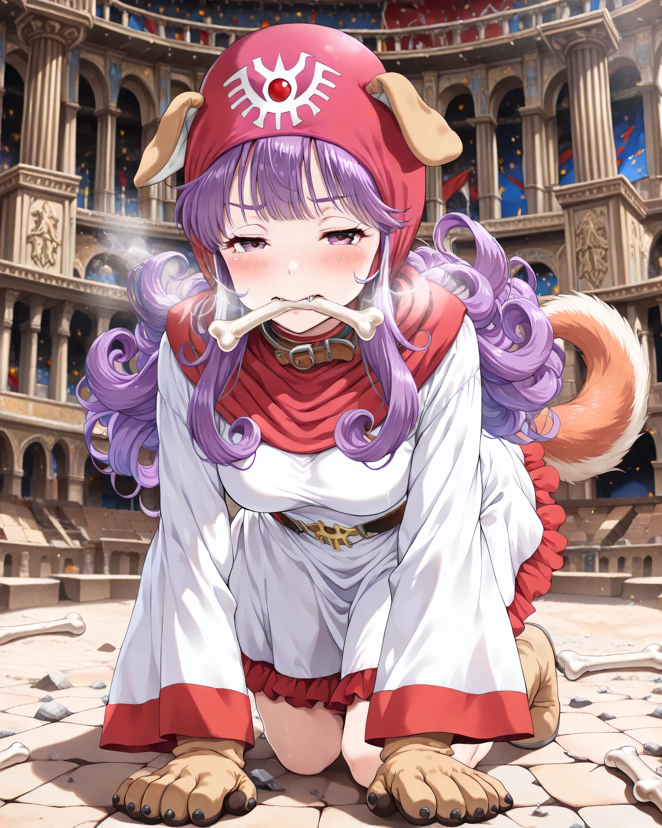((言語: 日本語、英語)、(Masterpiece), (Highest Quality), (High Score), (High Resolution),(4k),Uncensored,),
(masterpiece, best quality, very aesthetic)
((屋外)、1girl,,solo,),

(,(Ancient Rome, Colosseum, stone stage),,,(fighting pose),,,(Anatomically accurate structure),),

((,BREAK,(anime screencap),))

"((mature woman,Princess of Moonbrook,dragon quest,purine,dq2,purine,purple hair,bangs,long hair,long sidelocks,curly hair,bright purple eyes,Pupil,Eyebrows visible through hair,eyelashes,red hood,hood up,(Dog Ear Hoodie),white short dress with red lines,long sleeves,wide sleeves,white robe,Leotard, frilled skirt,,(dog boots),(dog aer),(Dog's tail),(Dog gloves),(dog collar),(medium breasts),),((bashful),half-closed eyes,(breath),blush,),BREAK,((on all fours:1.2),
kneeling,
(put hands on floor:1.2),),(paw pose:1),(leaning forward:1.3),[looking at viewer:],[cowboy shot:],[from above:1.5],[dutch angle],(Bone in mouth),(Biting into the bone)、),"

(),
（ハイスコア）、（最上級の画像生成）、
(The correct number of fingers, five fingers),
