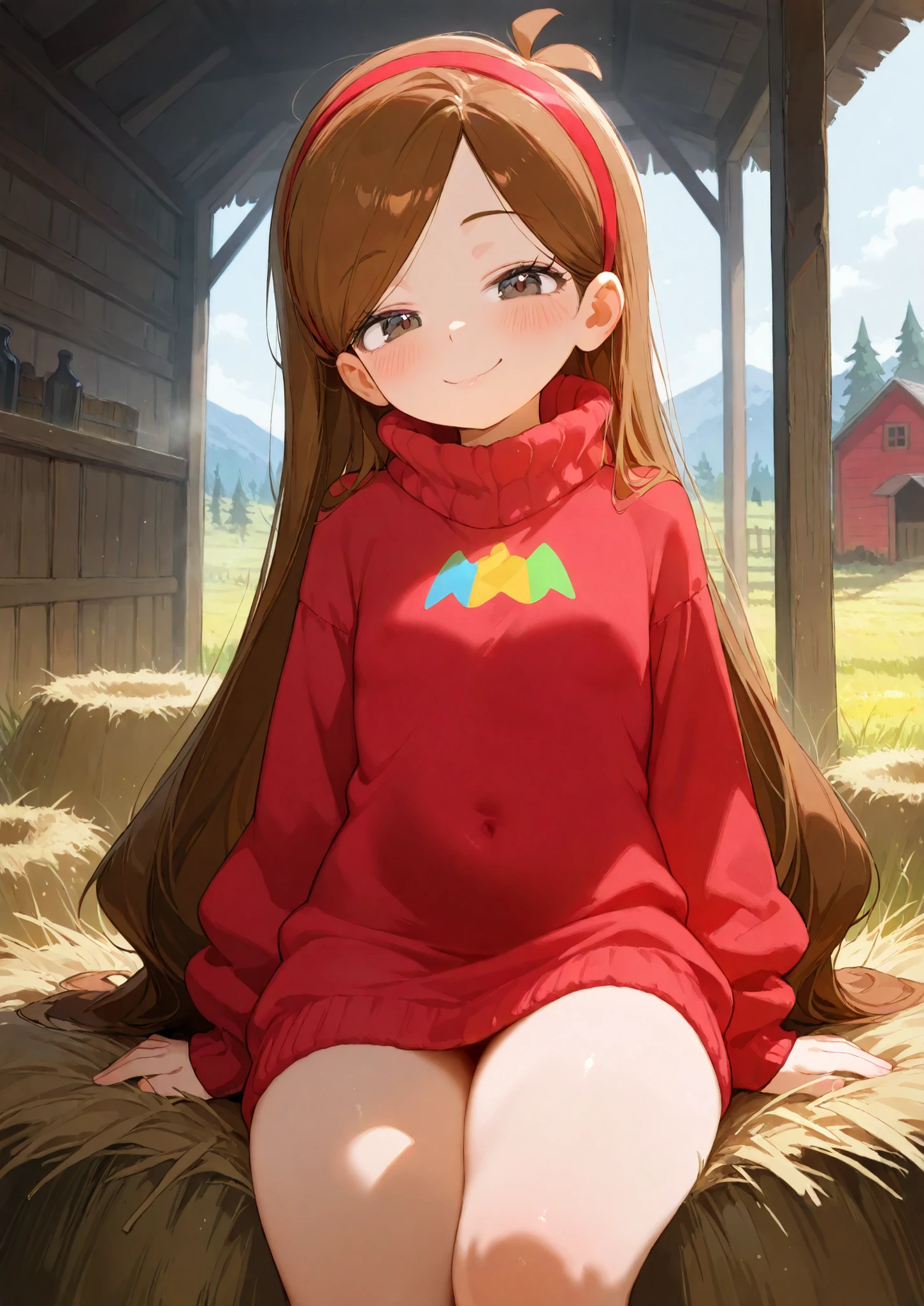 source_cartoon, 1girl, solo, Mabel Pines, Gravity Falls, petite figure, red sweater, sitting on hay, barn, medieval fantasy farm, seductive, sexy pose, alluring atmosphere, cinematic lighting and shadows, beautiful lighting and shadows, BREAK, masterpiece,top quality,warm color,high resolution,high fashion,absurdres extremely,vivid colors,intricate details,best quality,amazing quality,very aesthetic,newest,ultra-detailed, nsfw,