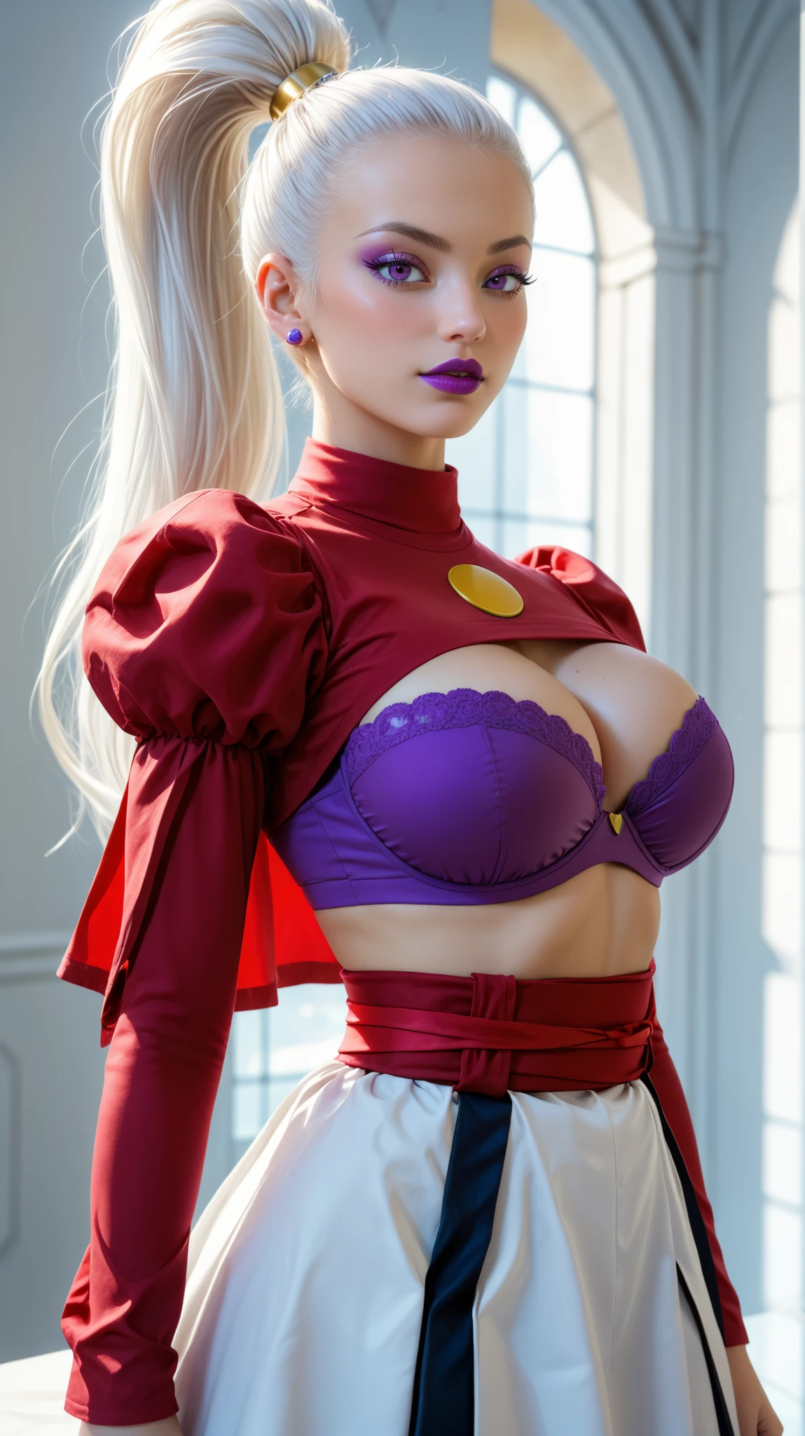 
(masterpiece), best quality, expressive eyes, perfect face, solo vados  , wearing earings,bangles, 30 year old women perfect breasts perfect thigs facing towards screen parted lips feminine figure body,Wearing a sexy ndroides ,hot bandaue thight tube top , White Pleated Skirt,cleavage cut out, ahoge,, ,beautiful expressive eyes , 4k backlighting, score_9, score_8_up, score_8, Beautiful sensual and erotic woman with a curvy body, very thick milf body, Bra/Breast Size, 34 inches ; Waist Size, 28 inches ; Hip Size, 30inches.beautiful fitting breasts, curvy accentuated booty, huge breasts, (curvy), cute, eyelashes,       BREAK, , zzVados, long hair, ponytail, white hair,, hair pulled back, high ponytail, very long hair, purple eyes,  , sash, purple lips,, makeup, lipstick, BREAK,  (ultra realistic,32k, masterpiece:1.2),(high detailed skin:1.1),( high quality:1.1), curvy, head tilt, hearts, blush, lips, large breasts, show cleavages closed mouth, curvy, head tilt, nsfw, (fullbody), looking at viewer, bokeh, luminescent background, ,,, embedding:zPDXL, Expressiveh, ,,, kneel down, show cleavge,seductively looking straight at viewer, sluty women,embarrassed face,