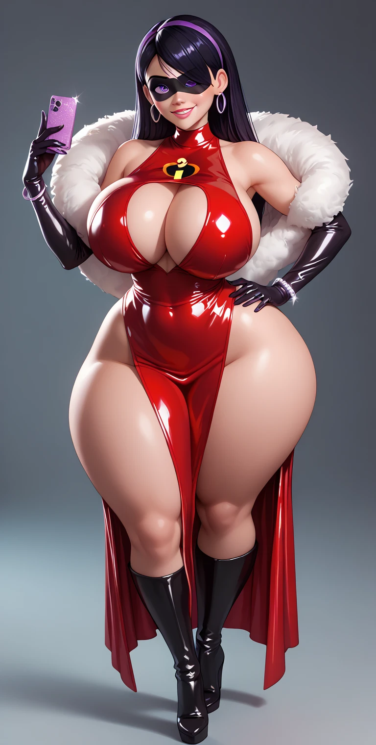 Woman, Old Woman, Beautiful, with white hair, with big breasts, with thick thighs, with good hips, with a Christmas suit, let the Christmas suit be a red jacket, let the jacket be frock style, let the fur on the suit be snow white, that it has matrix style glasses, that the jacket has short sleeves, with long white gloves, that the gloves have red decoration at the end of the glove, with long red stockings, that the stockings reach the thighs, that the jacket is tight to the breasts, that has an open button, that your breasts can be seen through the open part, with a Christmas hat, with good quality, HD level on the face, that has detail in the face, good focus on the body, complete body, that he is standing, that his hair reaches his waist.