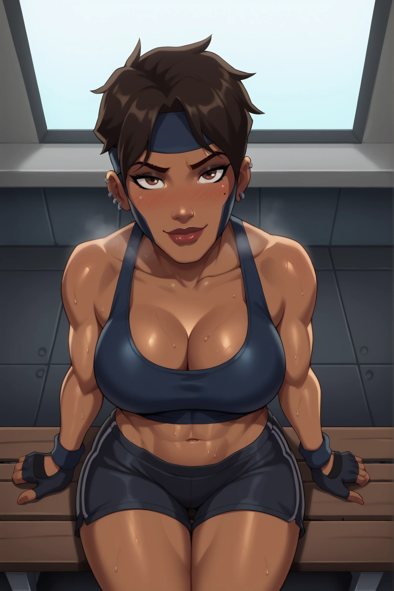 BREAK, score_6_up, score_9, score_8_up, score_7_up, high quality, masterpiece, Rocket, 1girl, solo, 2d, dark-skinned female, short hair, brown eyes, headband, piercing, earring, mask, lipstick, makeup, , cleavage, curvy, athletic, looking at viewer, seducing viewer, teasing viewer, smile, closed mouth, expression, bedroom eyes, busty, navy sports bra, navy gym shorts, navy fingerless gloves, shoulders, sitting on bench, gym, indoors, high-angle view, black eyeshadow, closeup, portrait, upper body, thick thighs, wide , sweaty, sweat drops, blushing