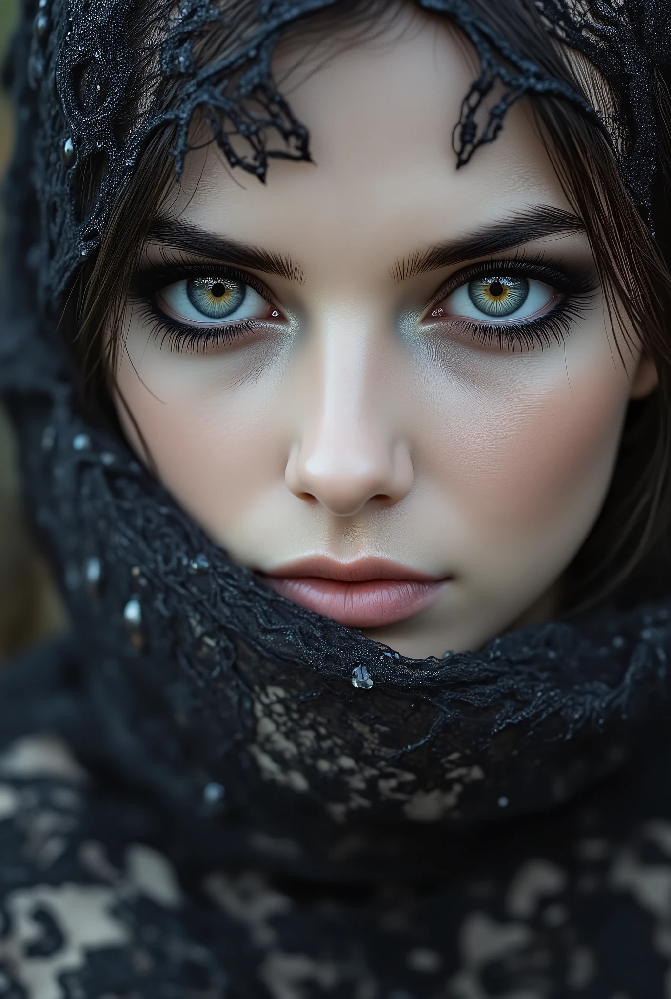 model westernrealism, a gorgeous woman, dark hair, piercing light gray eyes, wearing a black lace veil over her face, A cinematic close-up, striking makeup, the lighting is dramatic and high-contrast, revealing glistening details of water droplets.,