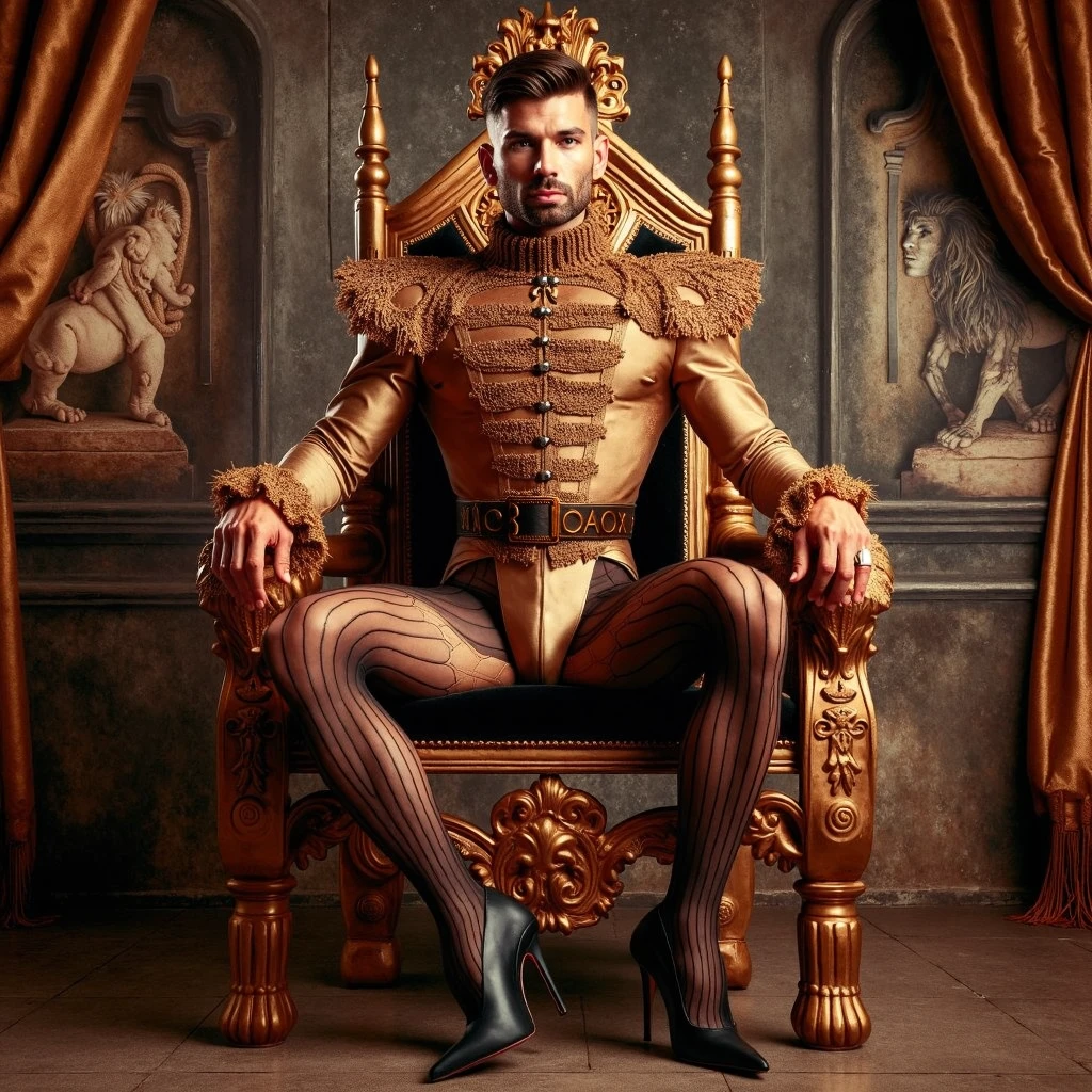 A man with a masculine face, pinkish white skin, a body structured like red , natural red curly hair , 
 very handsome sitting on a golden throne with two other young men at his side with chains around their necks like the devil card in the tarot with a crown with deer antlers on his head 