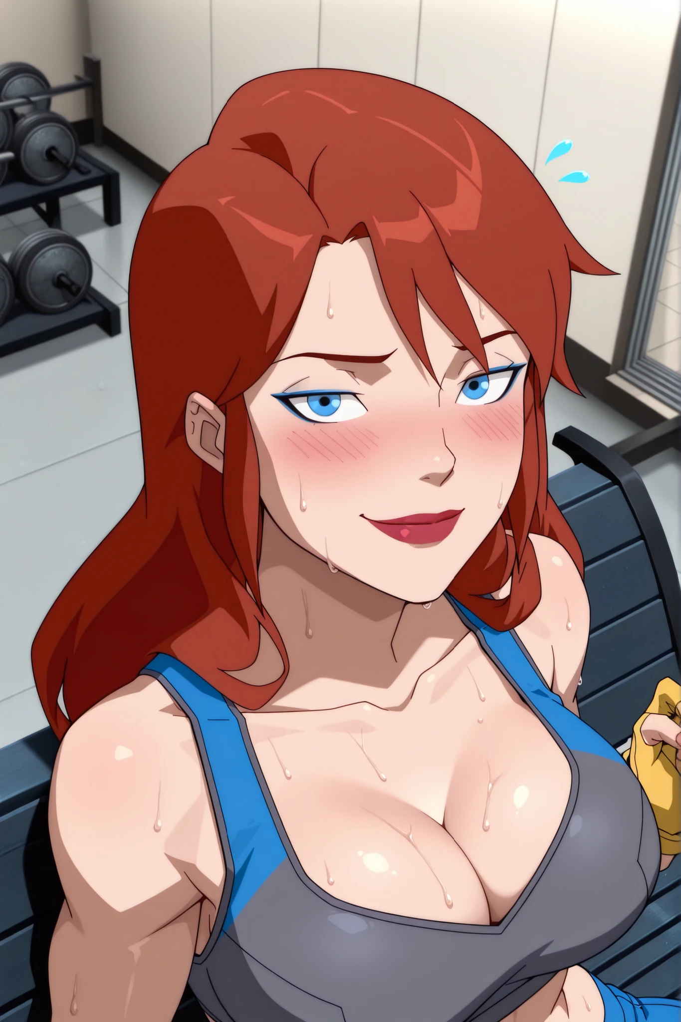 BREAK, score_6_up, score_7_up, score_8_up, score_9, 1girl, solo, b4rb4r4-b4t, blue eyes, long hair, red hair, brown hair, lipstick, makeup, large breasts, busty, cleavage, curvy, athletic, looking at viewer, seducing viewer, teasing viewer, seductive expression, smiling, closed mouth, bedroom eyes, gray sports bra, gray gym shorts, yellow fingerless gloves, indoors, gym, sitting on bench, closeup, portrait, upper body, high-angle view, blue eyeshadow, sweaty, sweat drops, blushing
