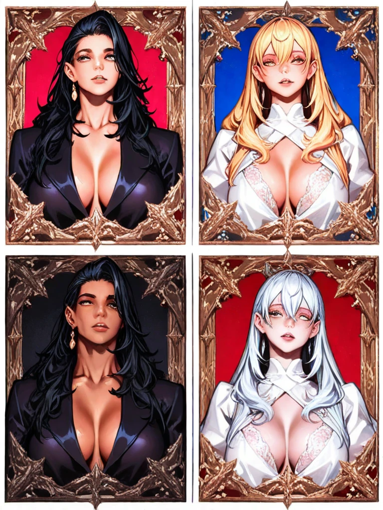 best quality, muste piece, game cg,two anime characters laying next to each other in the same room, with one with black braids and one in a golden colored dress, heterochromia,  1girl, dakimakura (medium), censored, ???????, character censor, multiple views, barefoot, blush, navel, long hair, lying, smile, yellow eyes,