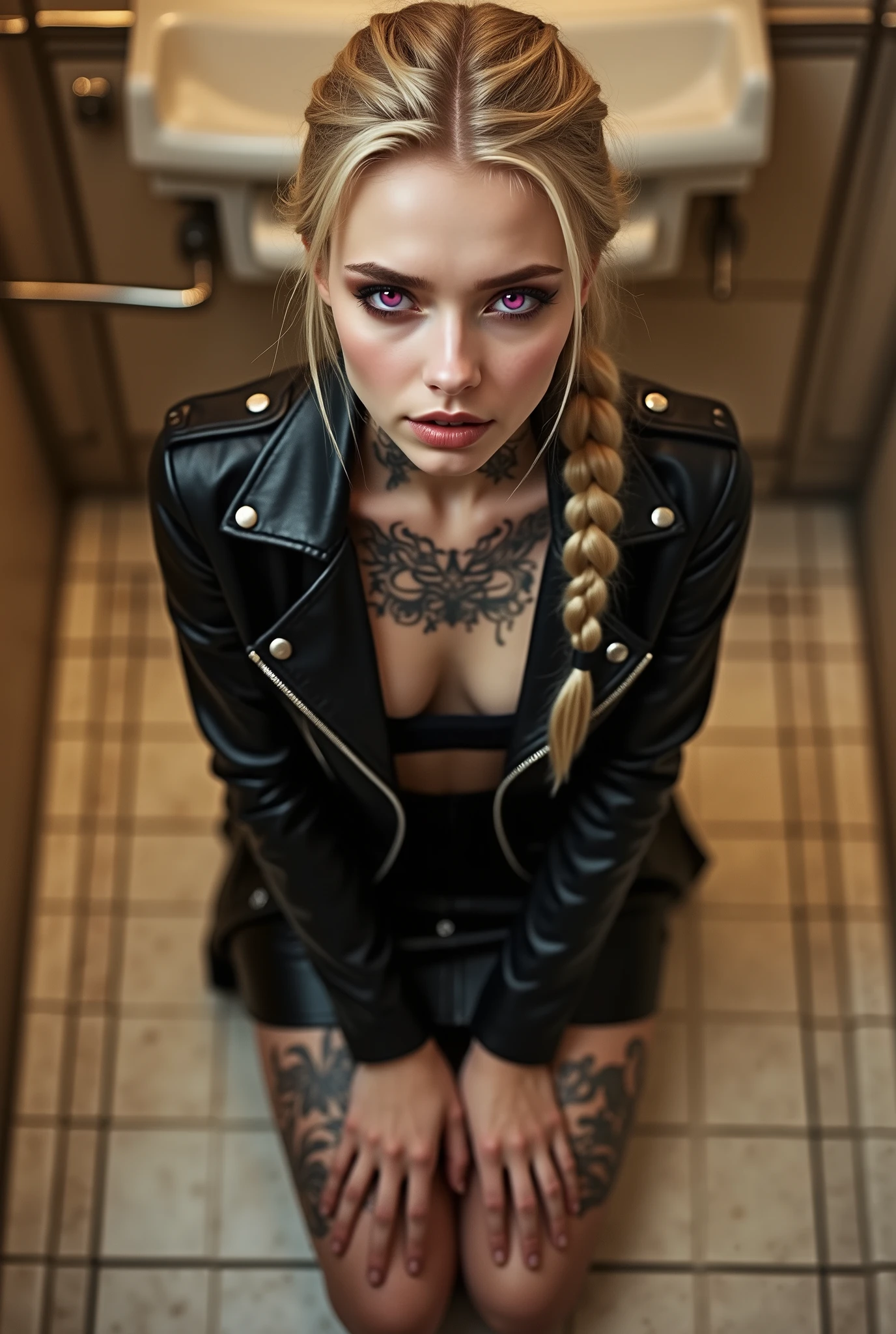 (photorealistic, shart focus) slender goth school girl, 18 y/o, kneeling in a clean luxurious restroom, knees spread wide, hands resting on thighs, pale skin, bleached blonde hair, covered in intricate dark tattoos, looking contentedly up at viewer, pink eyes, view from above, parted lips, heavy black eyeliner, cleavage, black leather skirt, under a skintight black long sleeve leather biker jacket, long braided ponytail, warm lighting