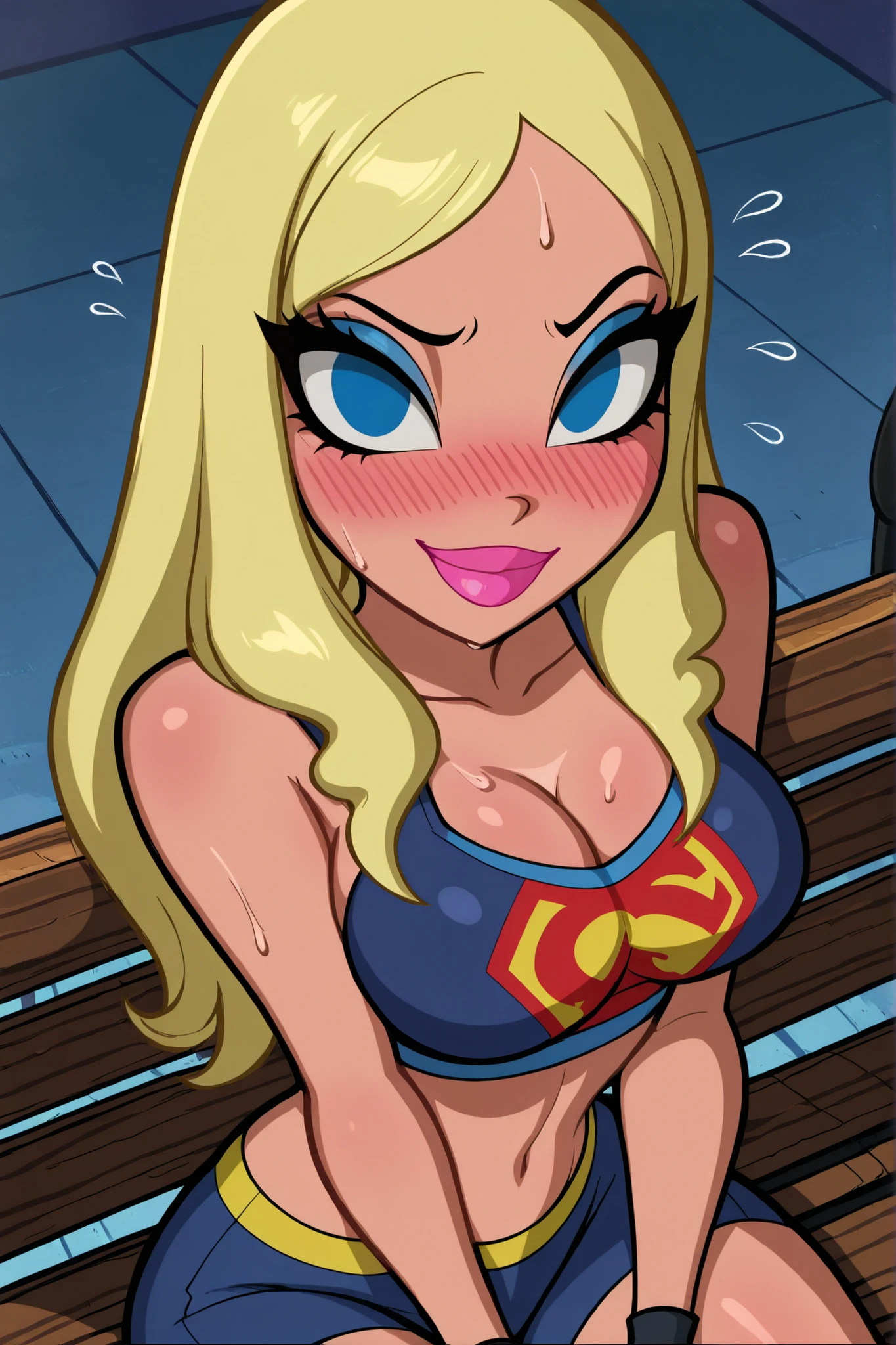 BREAK, score_6_up, score_7_up, score_8_up, score_9, masterpiece, best quality, amazing quality, SGJLA, 1girl, solo, blonde hair, blue eyes, pink lipstick, long hair, makeup, large breasts, busty, cleavage, curvy, athletic, looking at viewer, seducing viewer, teasing viewer, seductive expression, smiling, closed mouth, bedroom eyes, dark blue sports bra, dark blue gym shorts, dark blue fingerless gloves, indoors, gym, sitting on bench, closeup, portrait, upper body, high-angle view, blue eyeshadow, sweaty, sweat drops, blushing